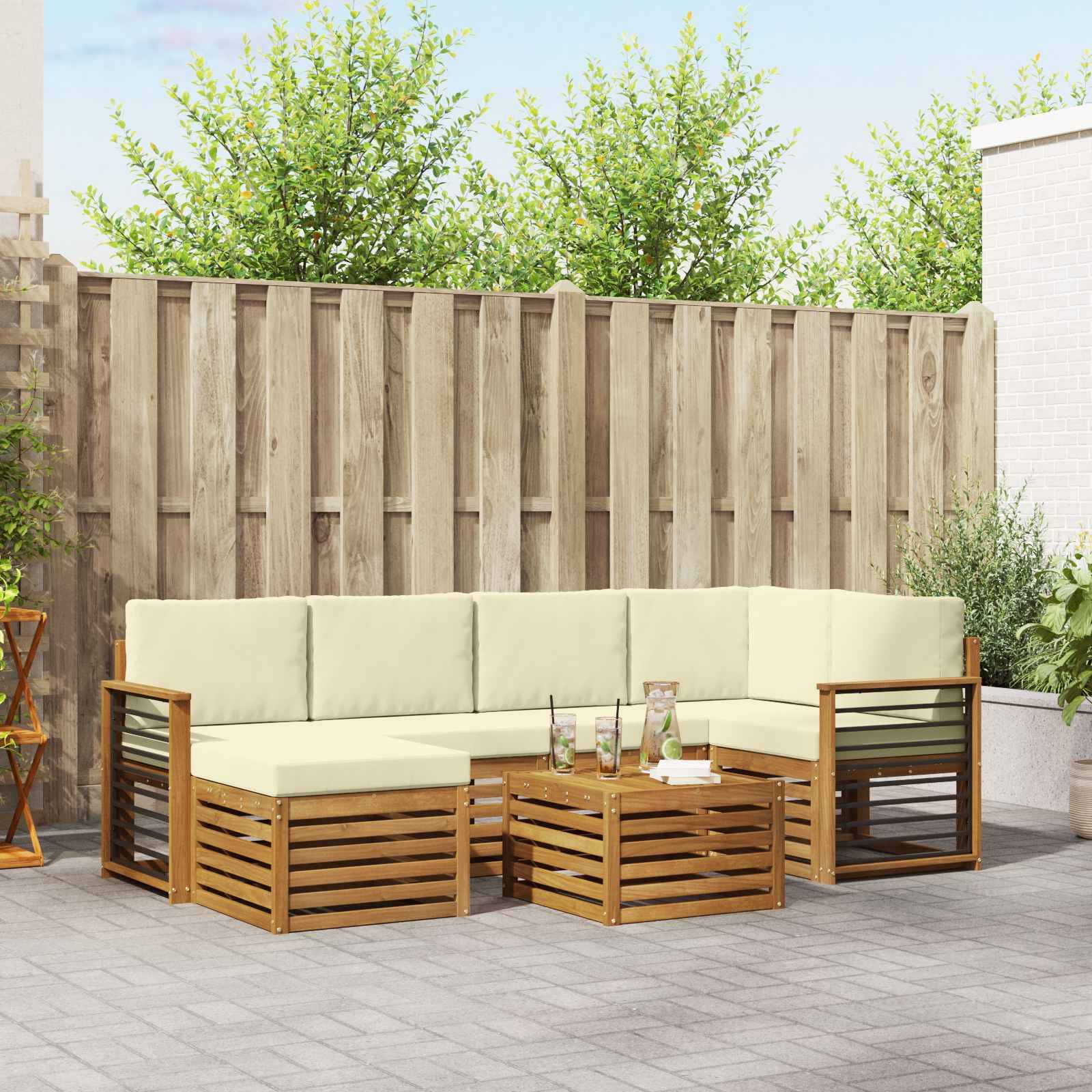 vidaXL Ecksofa Set mit Kissen 7 pcs Natur und Creme Massivholz Akazie