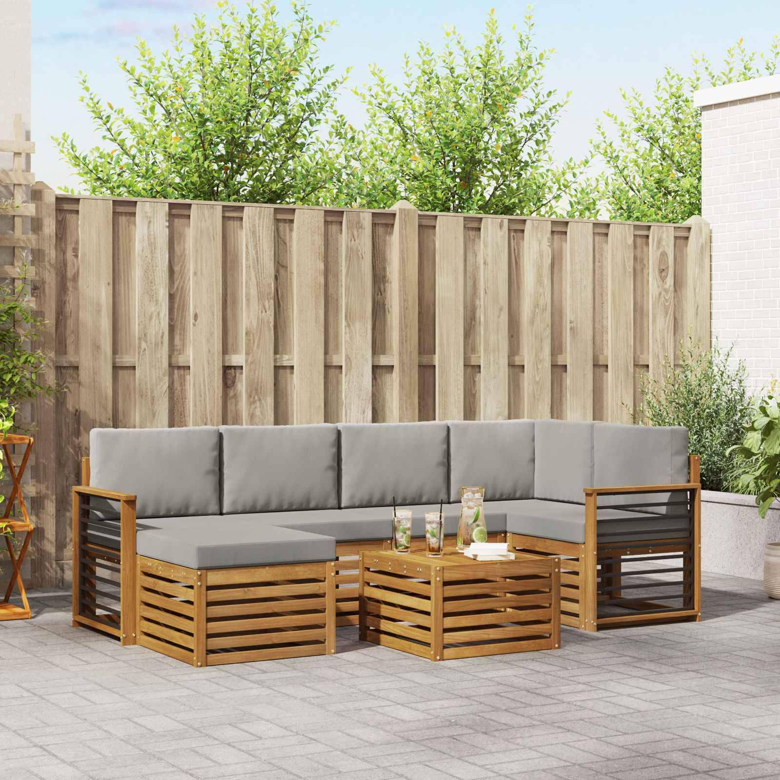 vidaXL Ecksofa Set 7 pcs Natürlich und Hellgrau Massivholz Akazie