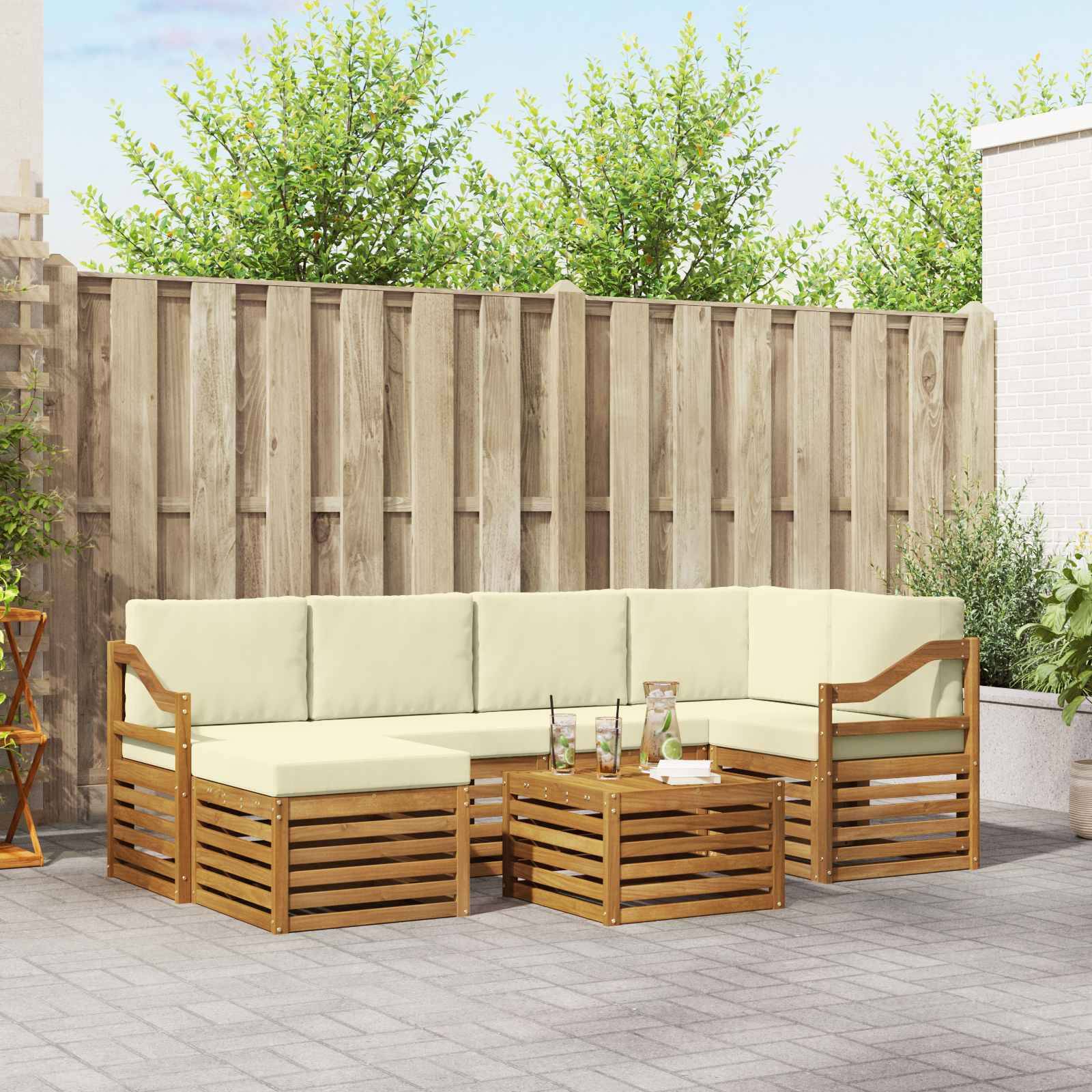 vidaXL Ecksofa Set mit Kissen 7 pcs Natur und Creme Massivholz Akazie