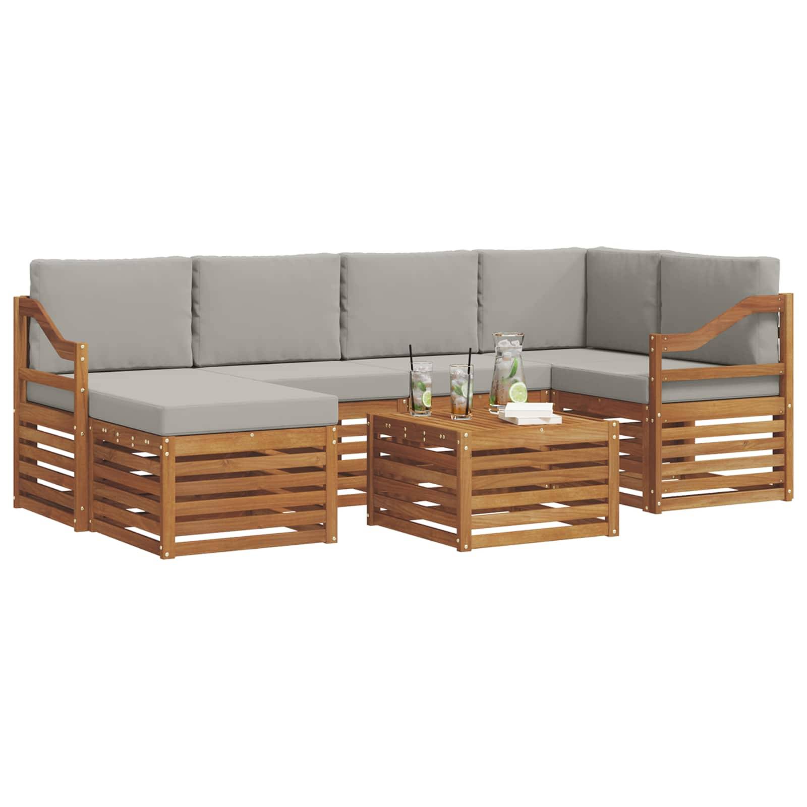 vidaXL Ecksofa Set 7 pcs Natürlich und Hellgrau Massivholz Akazie