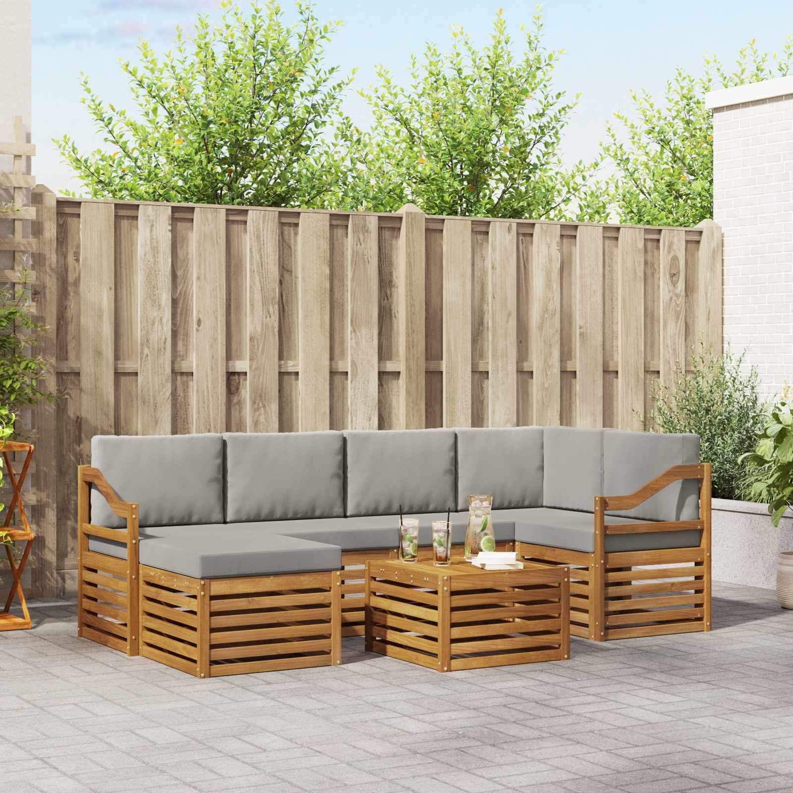 vidaXL Ecksofa Set 7 pcs Natürlich und Hellgrau Massivholz Akazie