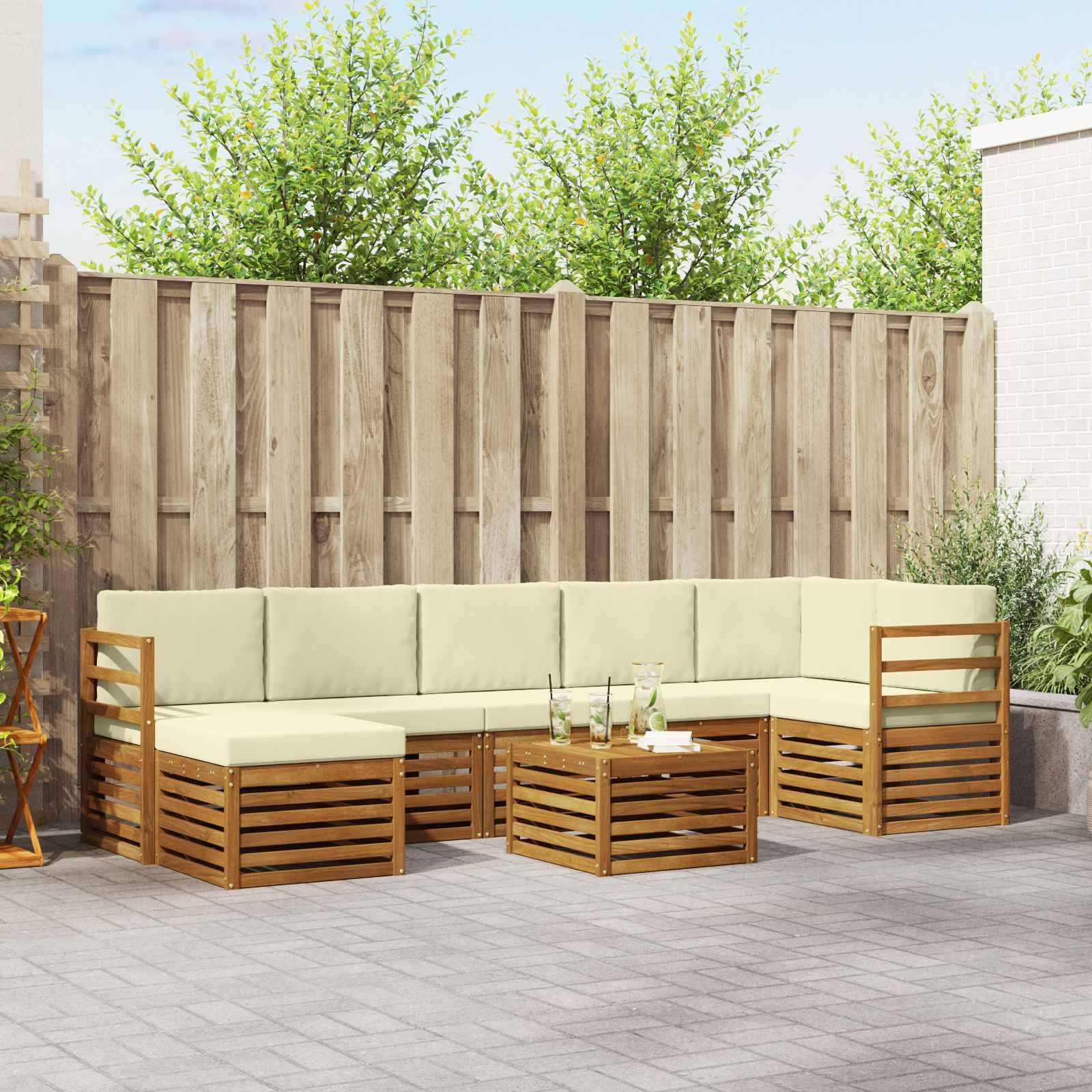 vidaXL Ecksofa Set mit Kissen 8 pcs Natur und Creme Massivholz Akazie
