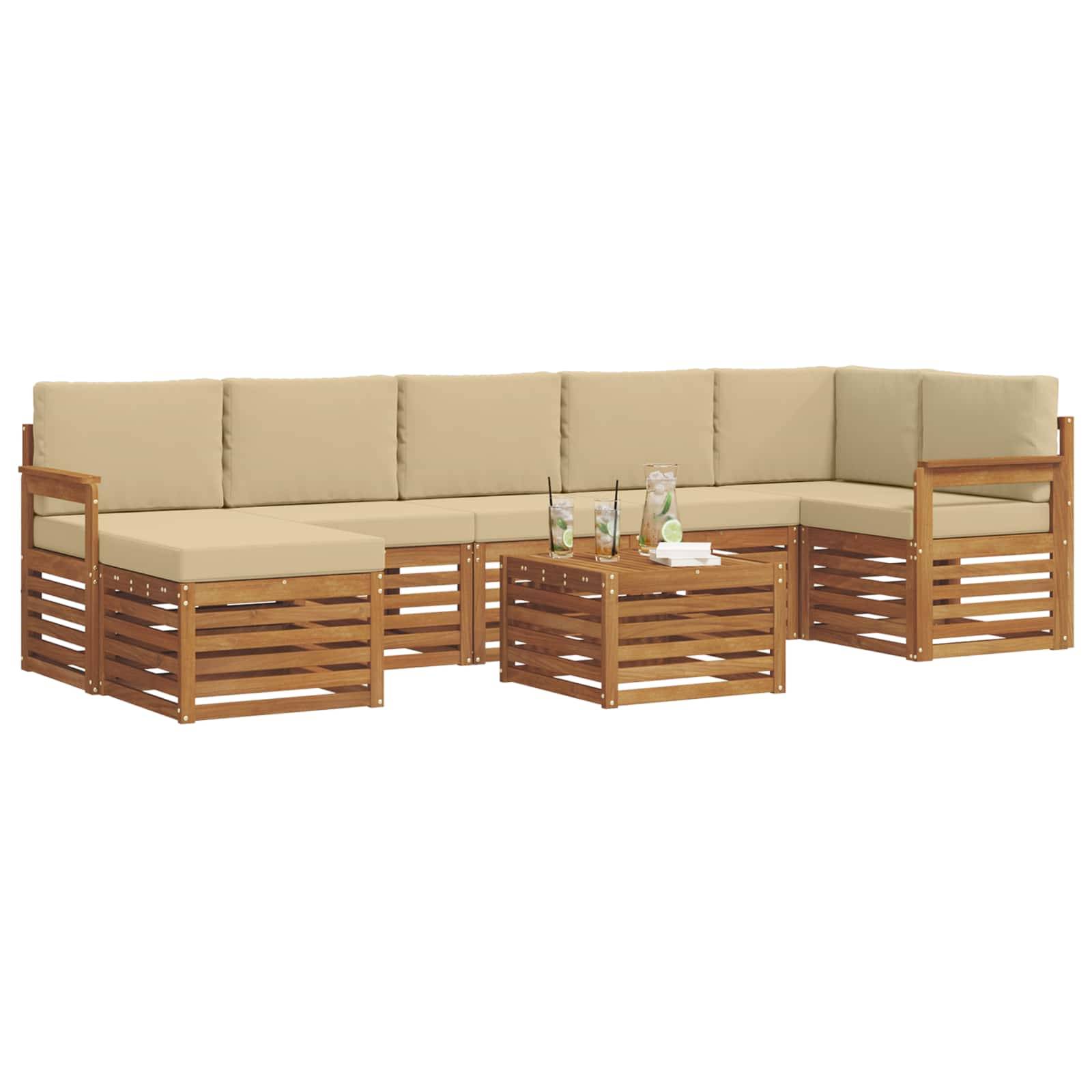 vidaXL Ecksofa Set mit Kissen 8 pcs Natur und Beige Massivholz Akazie