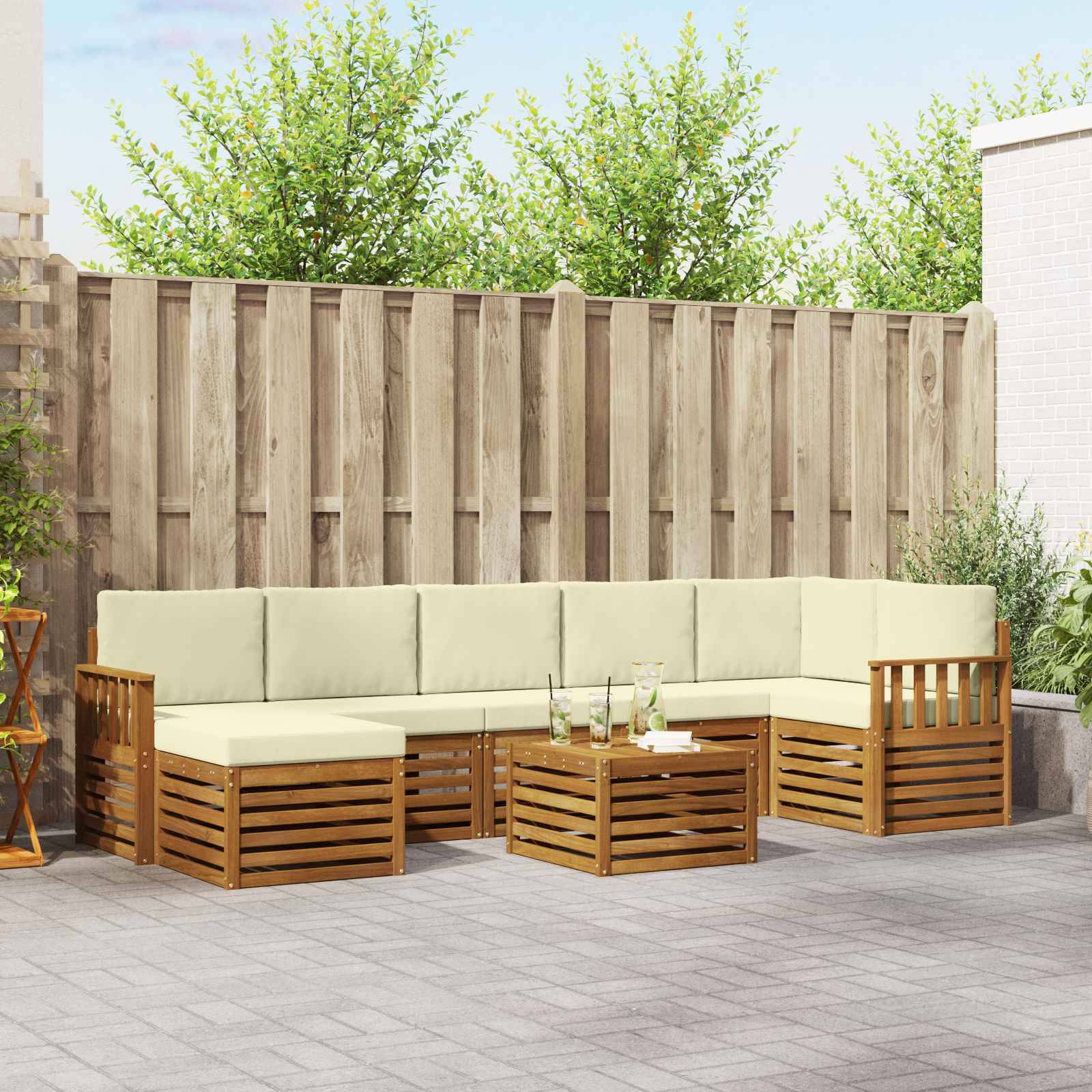 vidaXL Ecksofa Set mit Kissen 8 pcs Natur und Creme Massivholz Akazie
