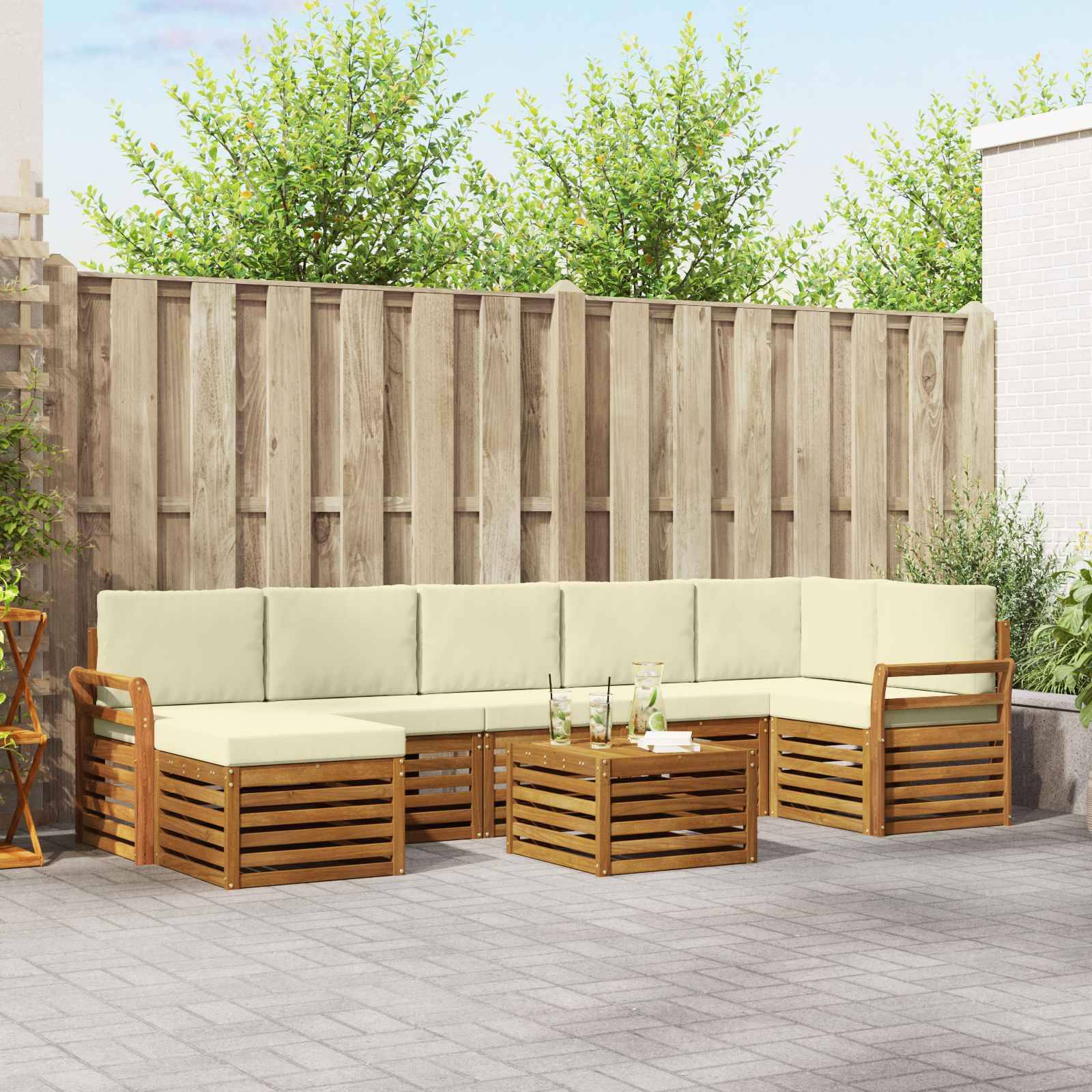 vidaXL Ecksofa Set mit Kissen 8 pcs Natur und Creme Massivholz Akazie