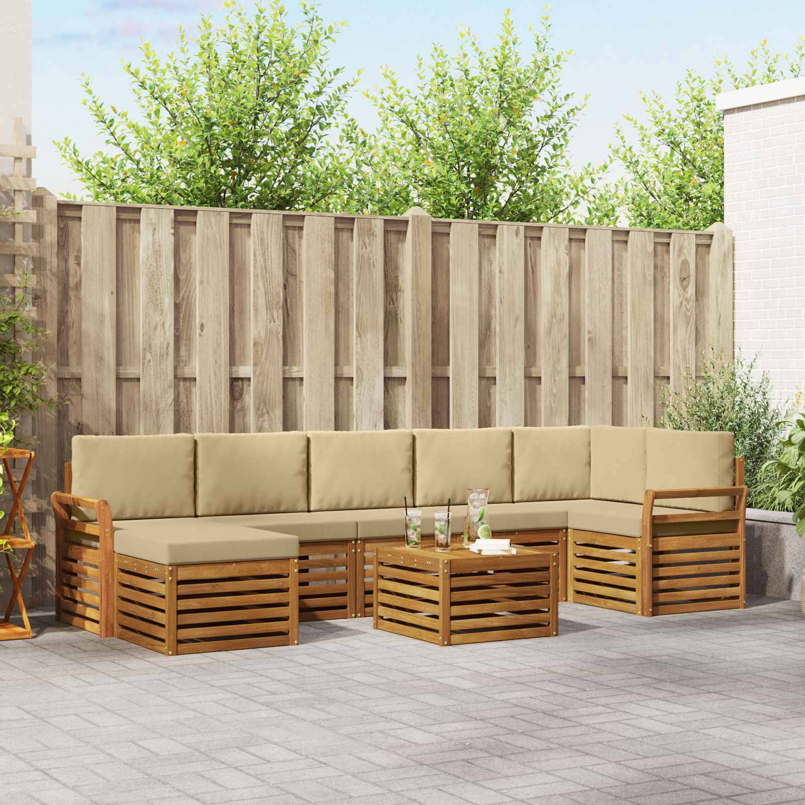 vidaXL Ecksofa Set mit Kissen 8 pcs Natur und Beige Massivholz Akazie