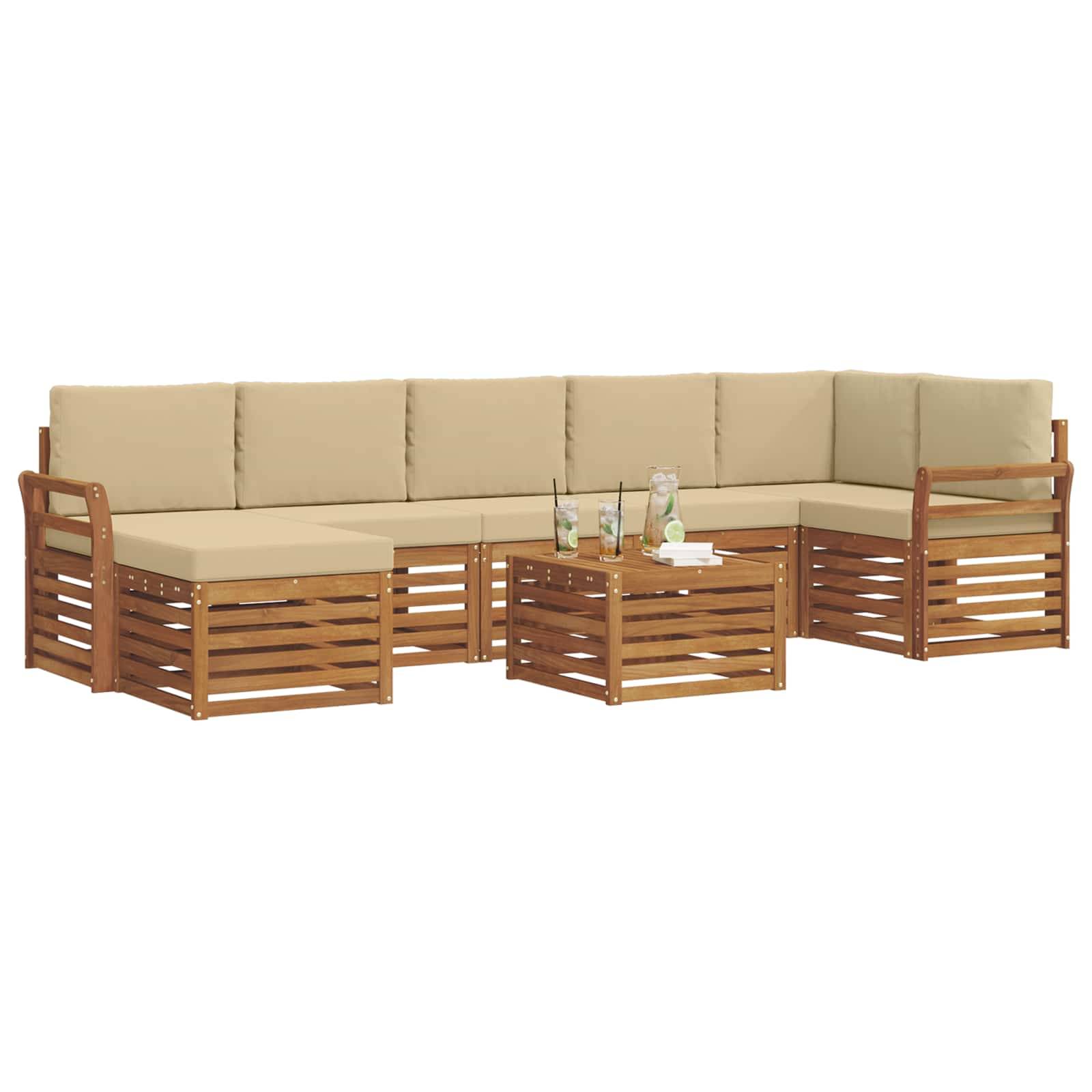 vidaXL Ecksofa Set mit Kissen 8 pcs Natur und Beige Massivholz Akazie