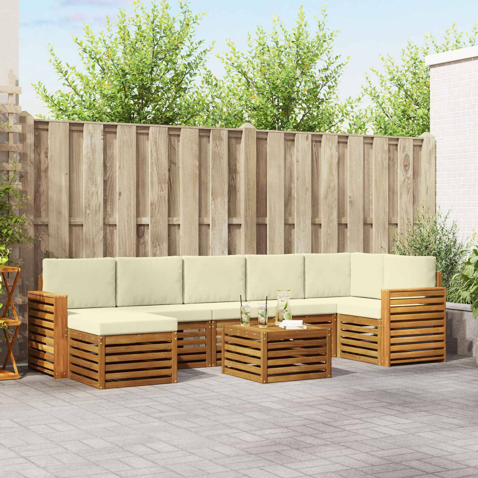 vidaXL Ecksofa Set mit Kissen 8 pcs Natur und Creme Massivholz Akazie