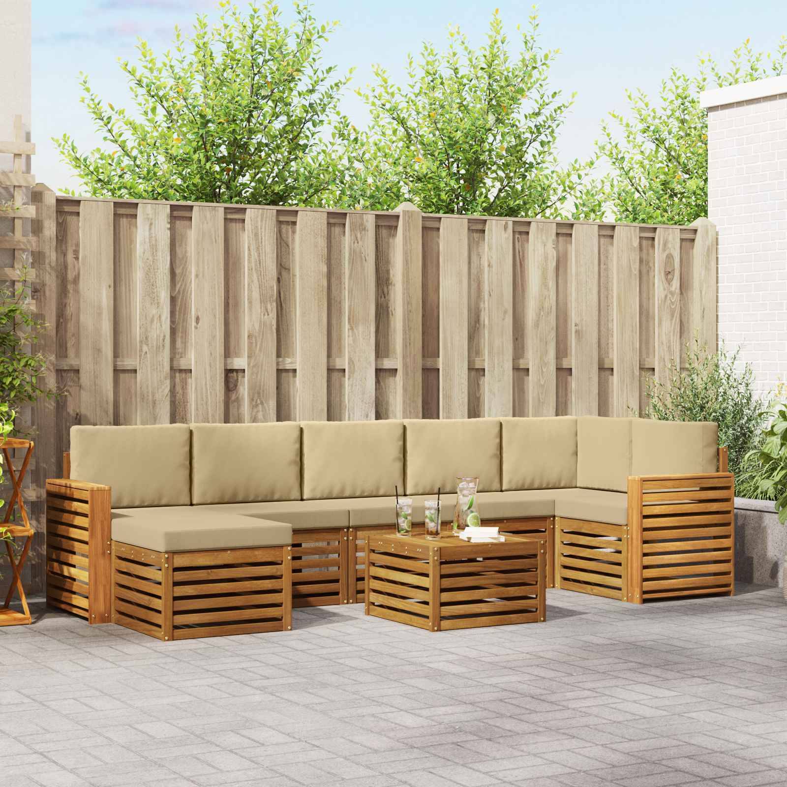 vidaXL Ecksofa Set mit Kissen 8 pcs Natur und Beige Massivholz Akazie