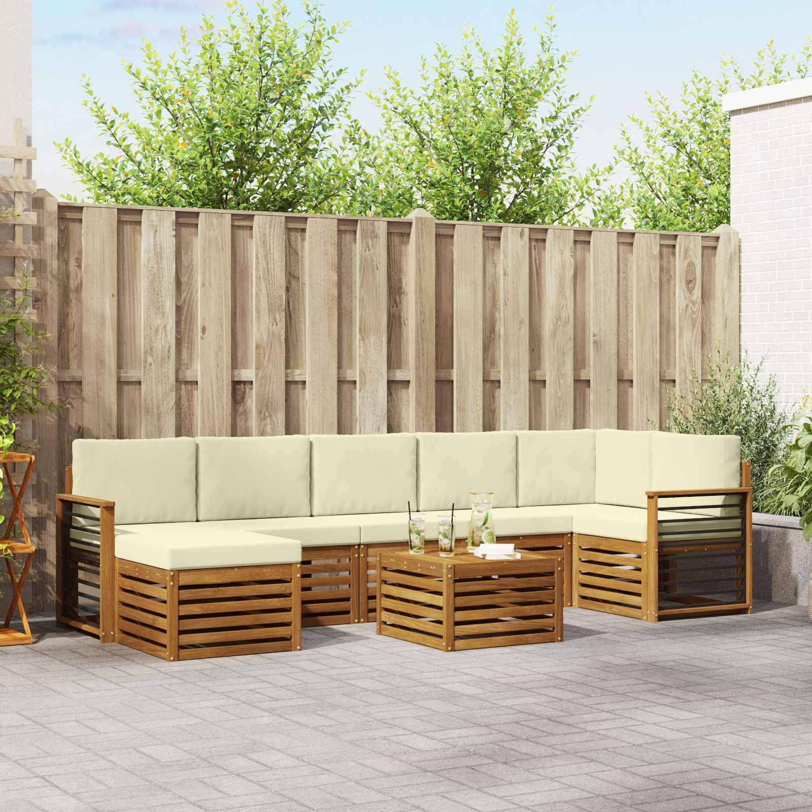 vidaXL Ecksofa Set mit Kissen 8 pcs Natur und Creme Massivholz Akazie