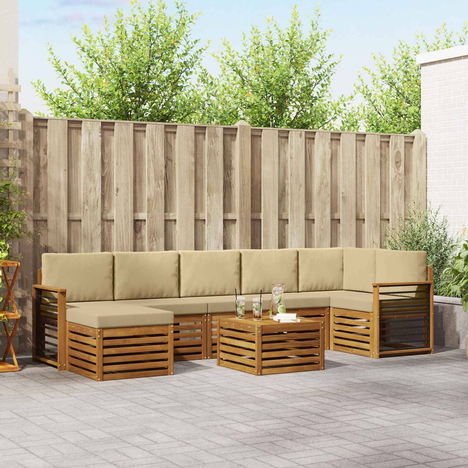 vidaXL Ecksofa Set mit Kissen 8 pcs Natur und Beige Massivholz Akazie