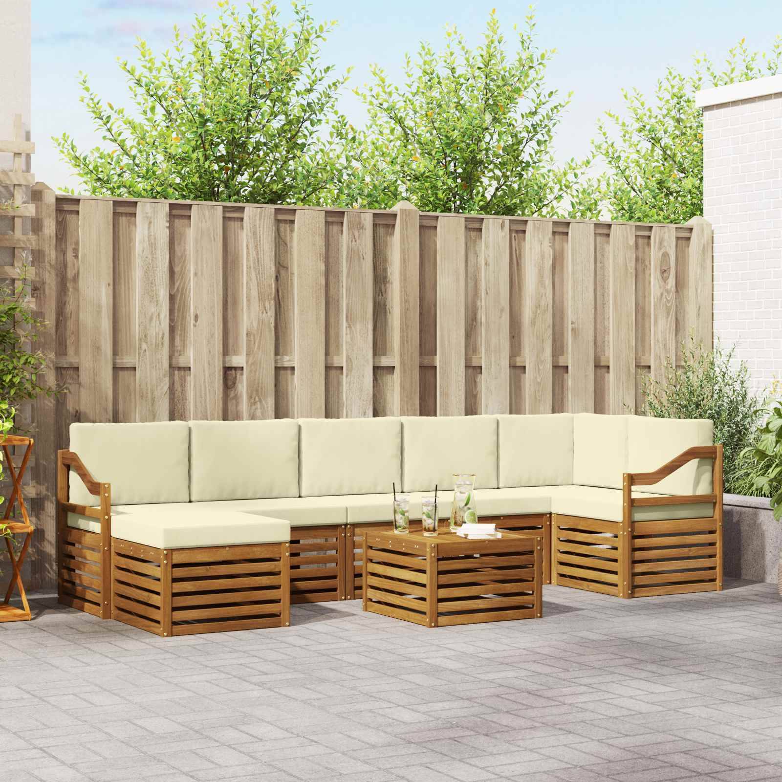 vidaXL Ecksofa Set mit Kissen 8 pcs Natur und Creme Massivholz Akazie