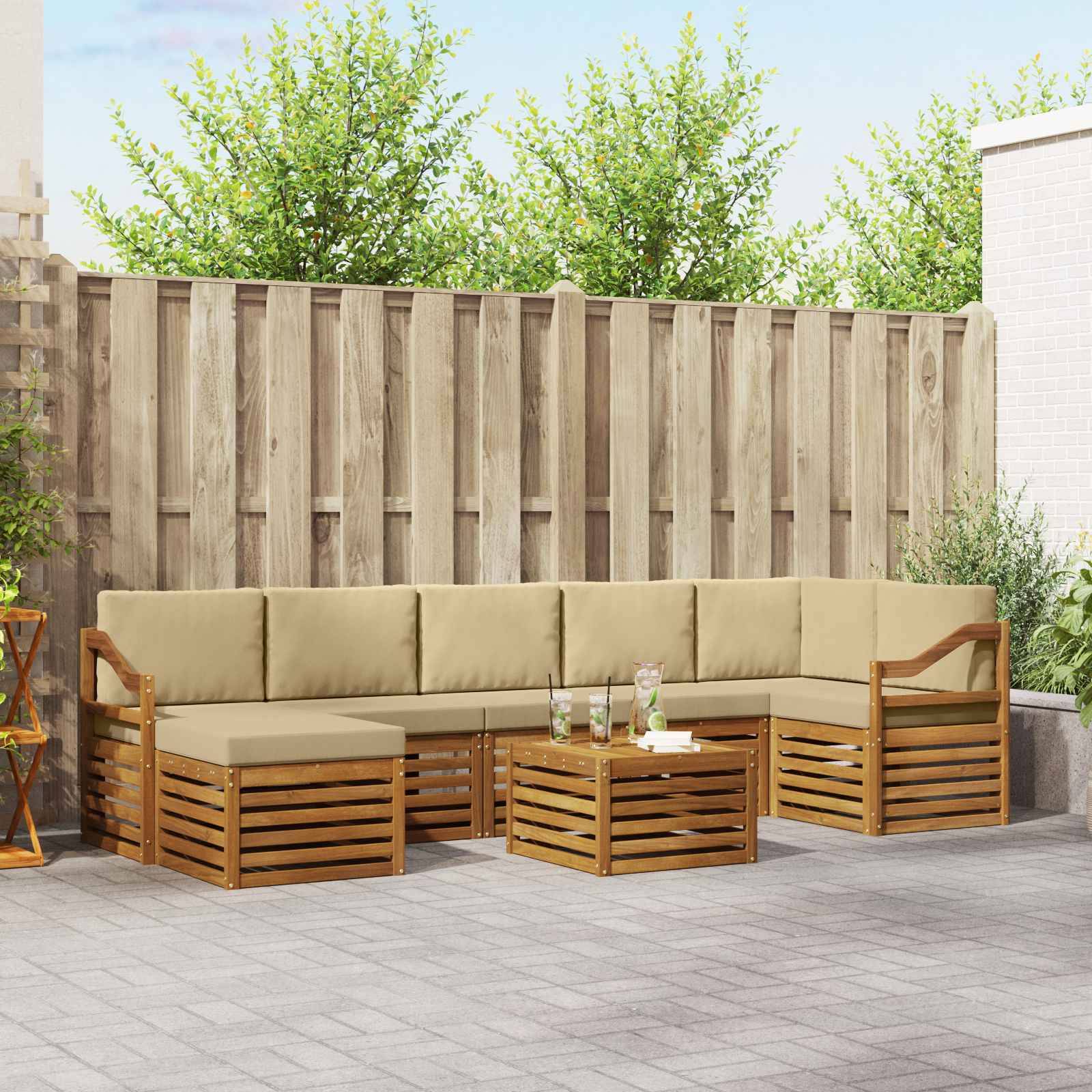 vidaXL Ecksofa Set mit Kissen 8 pcs Natur und Beige Massivholz Akazie