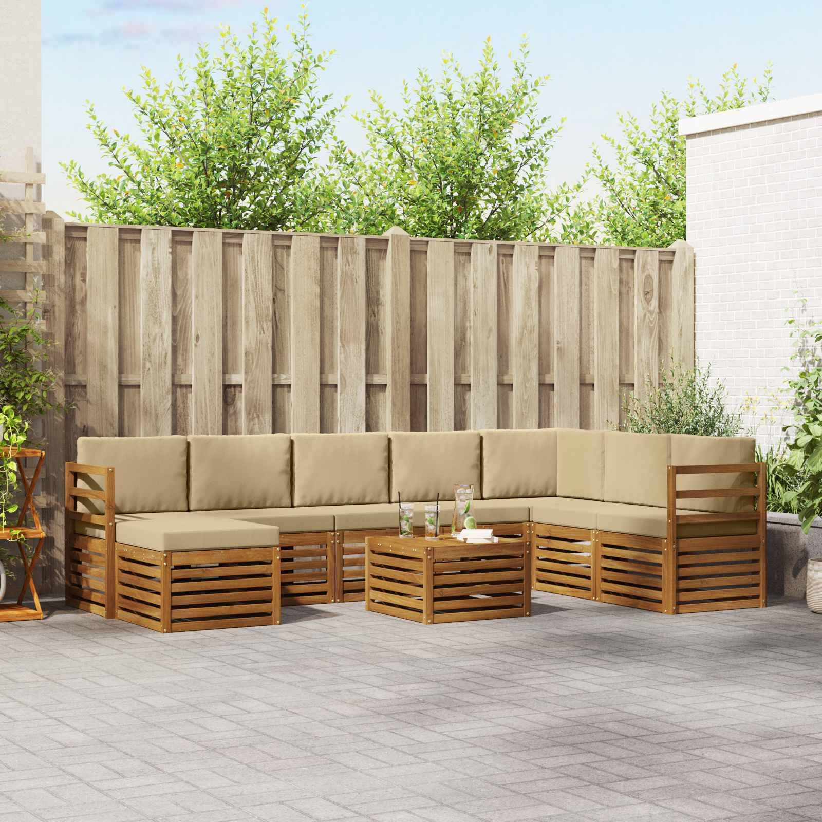 vidaXL Ecksofa Set mit Kissen 9 pcs Natur und Beige Massivholz Akazie