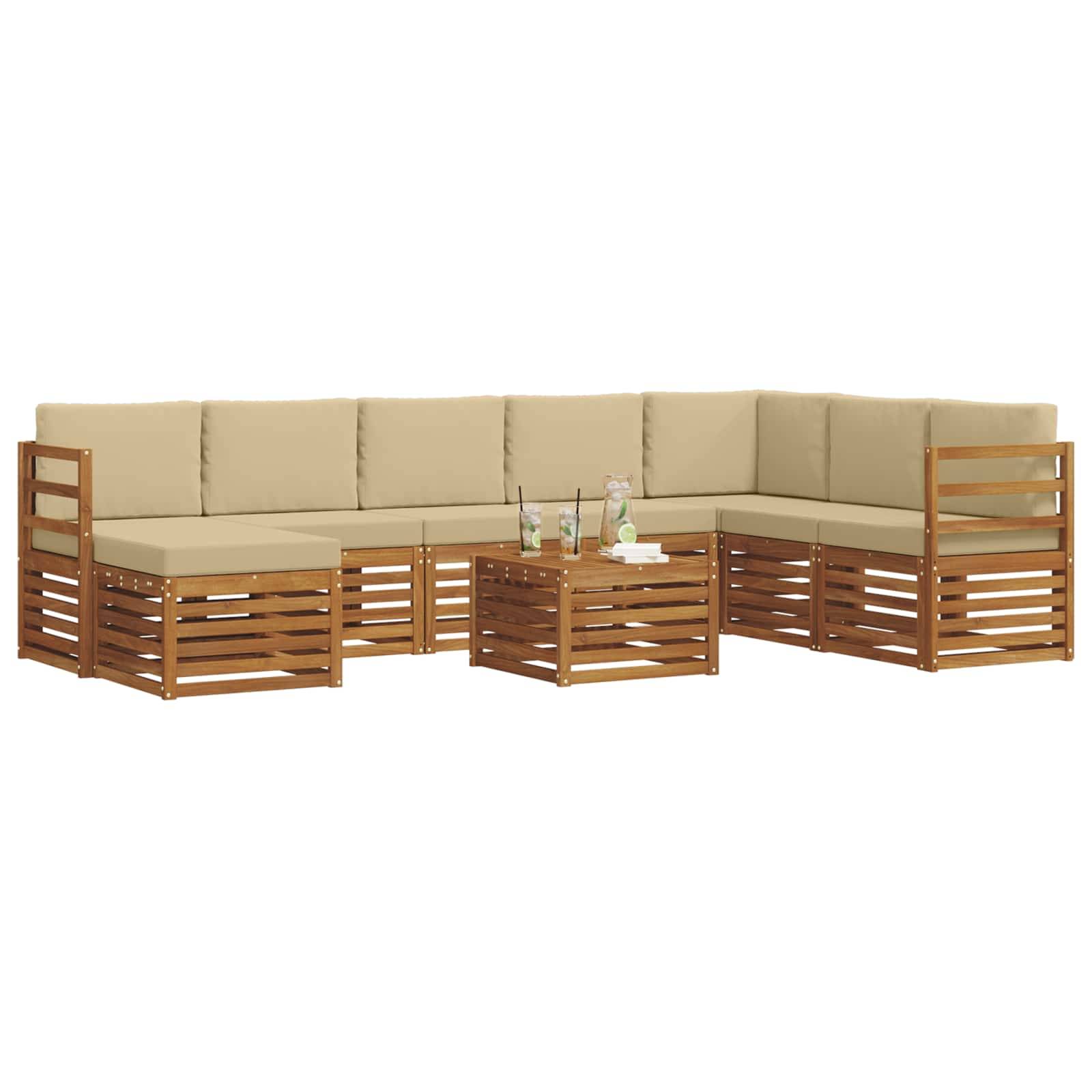 vidaXL Ecksofa Set mit Kissen 9 pcs Natur und Beige Massivholz Akazie