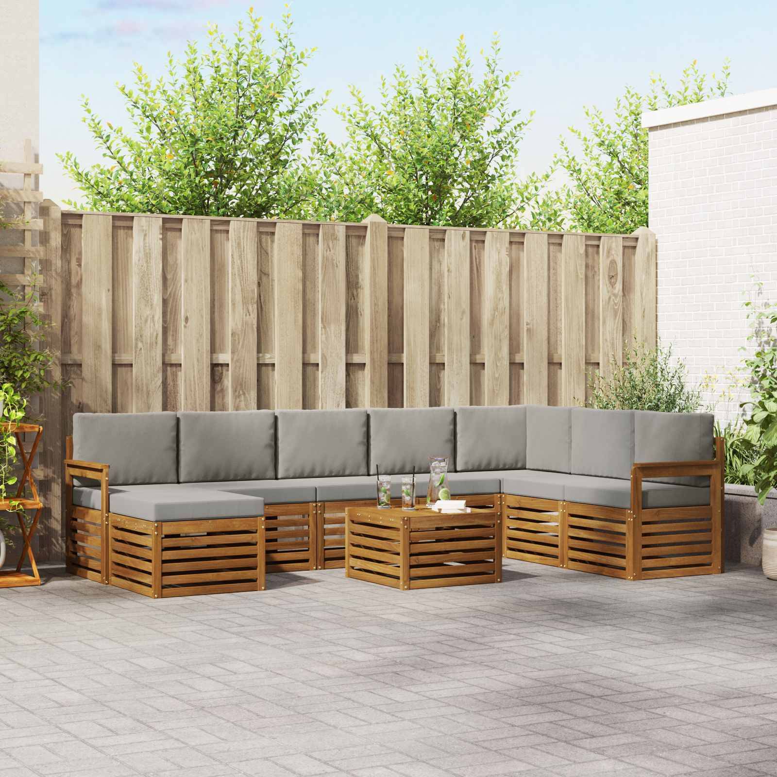 vidaXL Ecksofa Set 9 pcs Natürlich und Hellgrau Massivholz Akazie