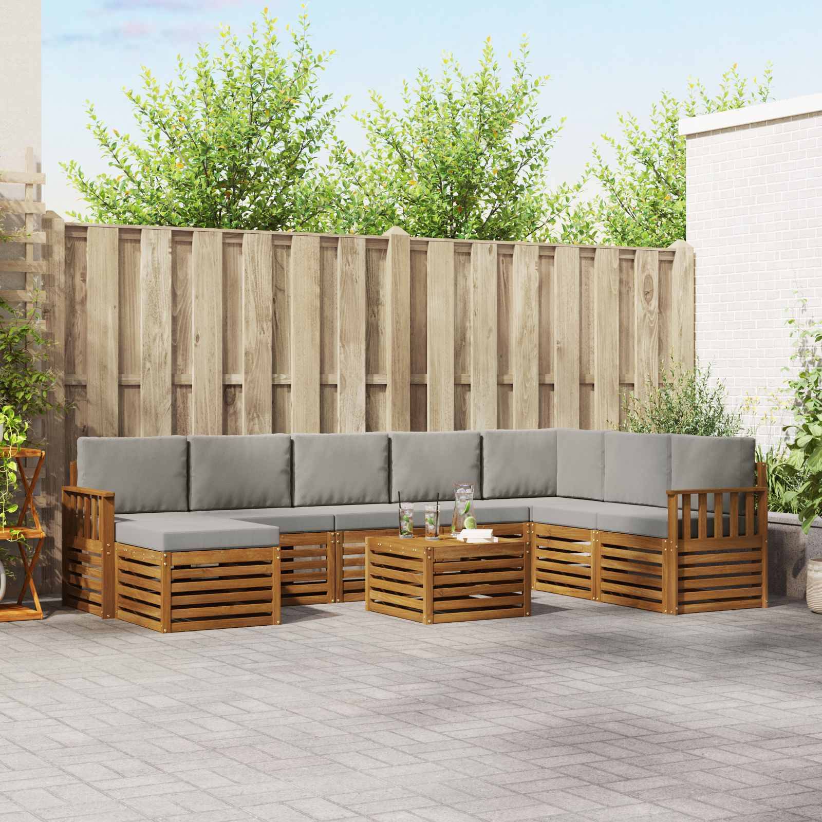 vidaXL Ecksofa Set 9 pcs Natürlich und Hellgrau Massivholz Akazie
