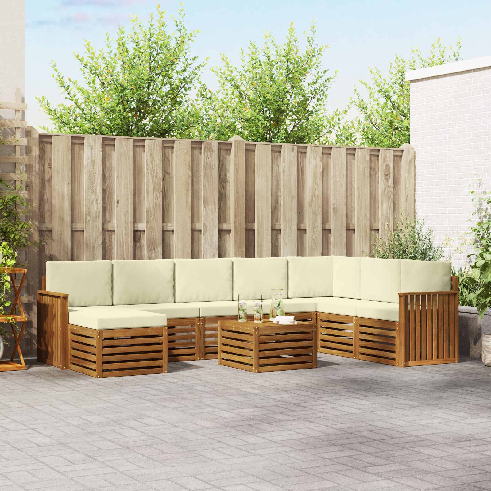 vidaXL Ecksofa Set mit Kissen 9 pcs Natur und Creme Massivholz Akazie