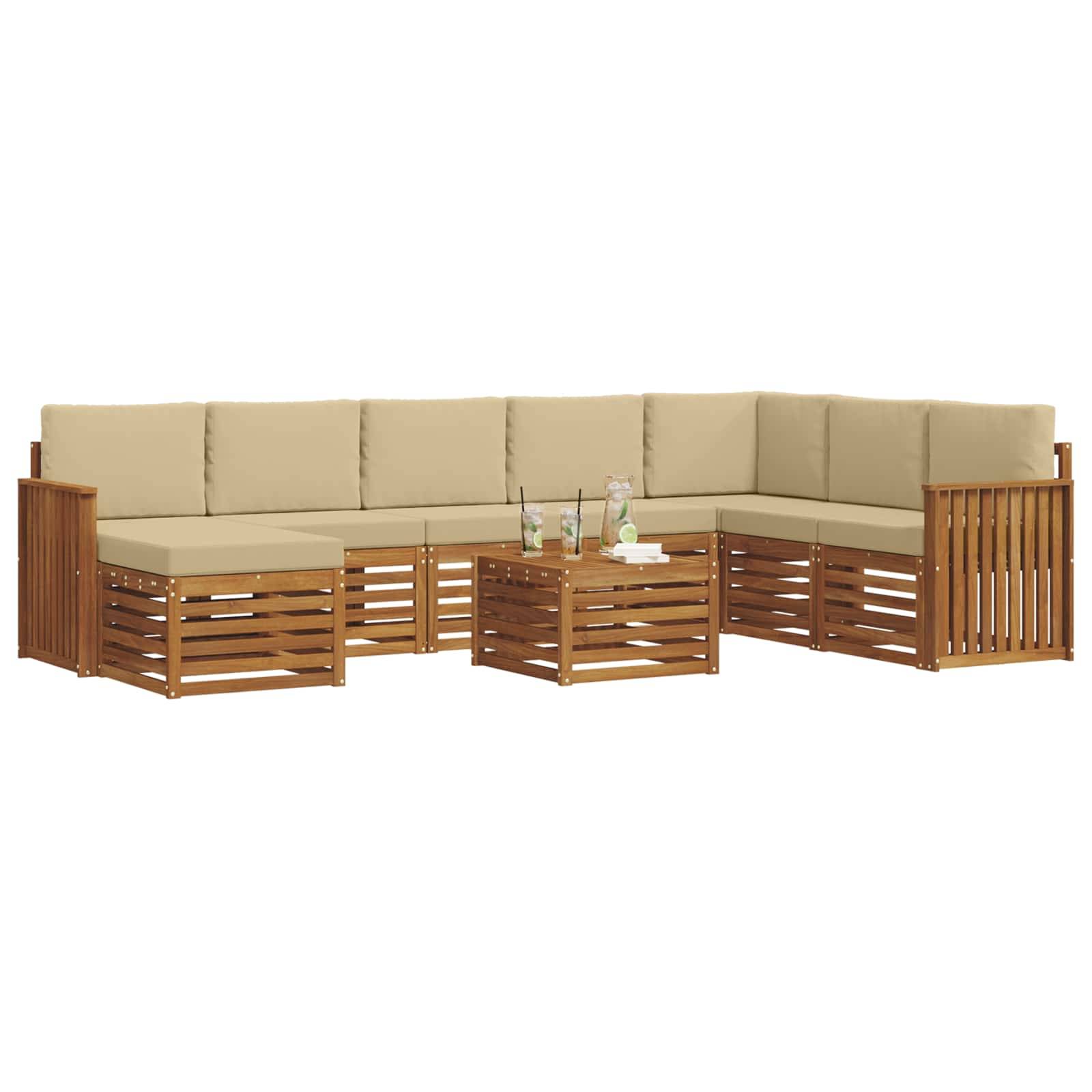 vidaXL Ecksofa Set mit Kissen 9 pcs Natur und Beige Massivholz Akazie