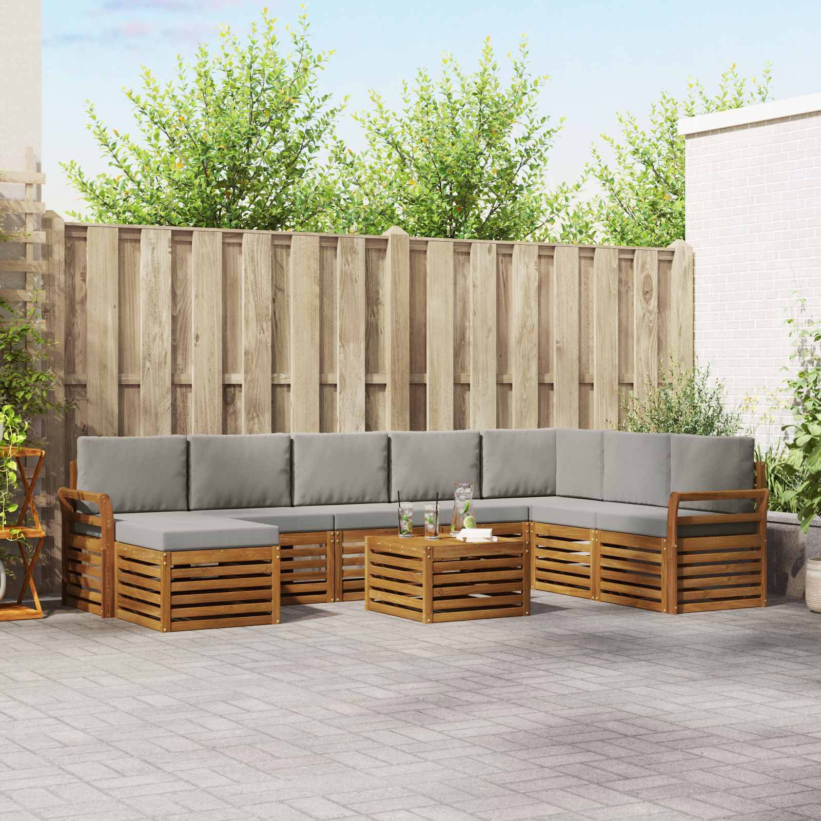 vidaXL Ecksofa Set 9 pcs Natürlich und Hellgrau Massivholz Akazie
