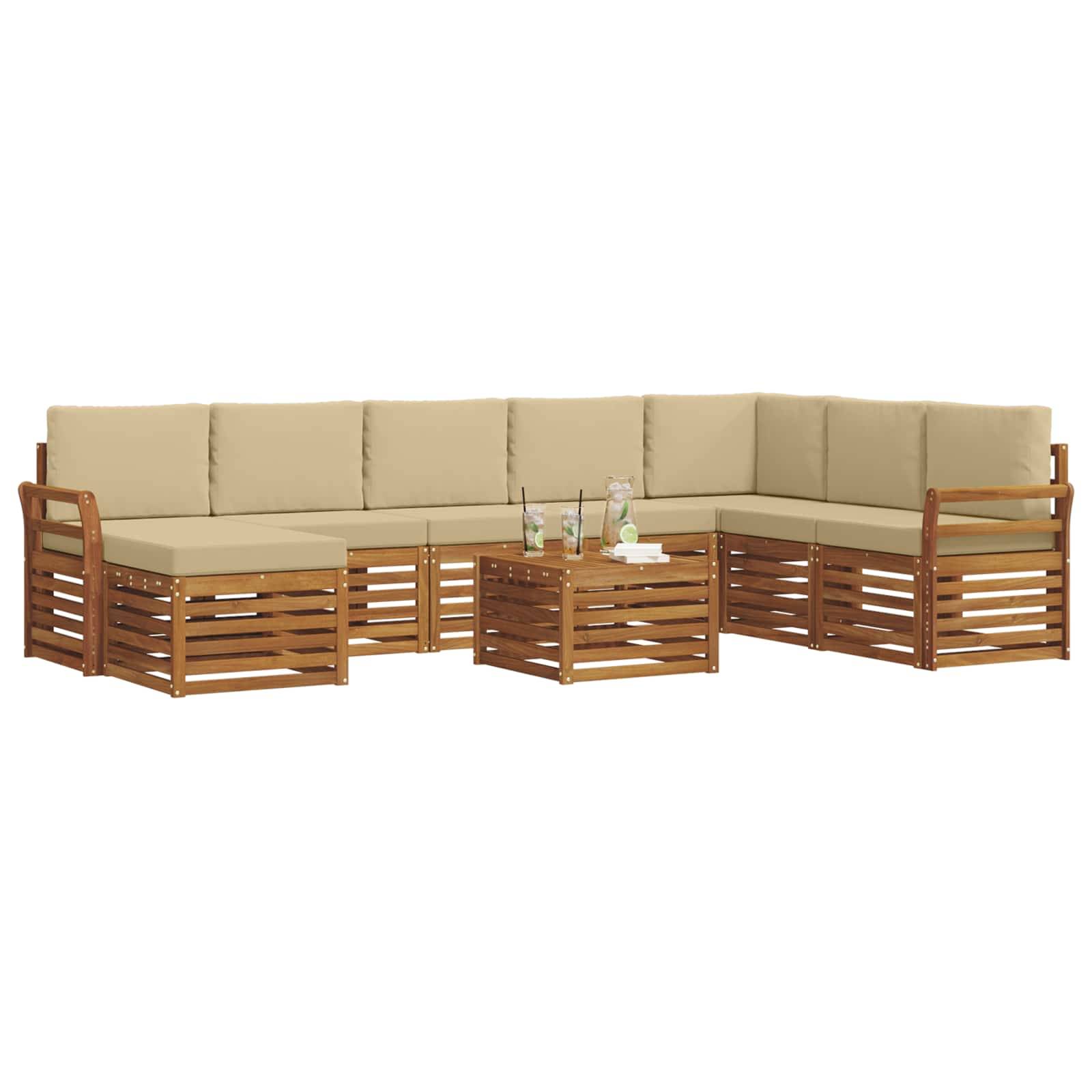 vidaXL Ecksofa Set mit Kissen 9 pcs Natur und Beige Massivholz Akazie