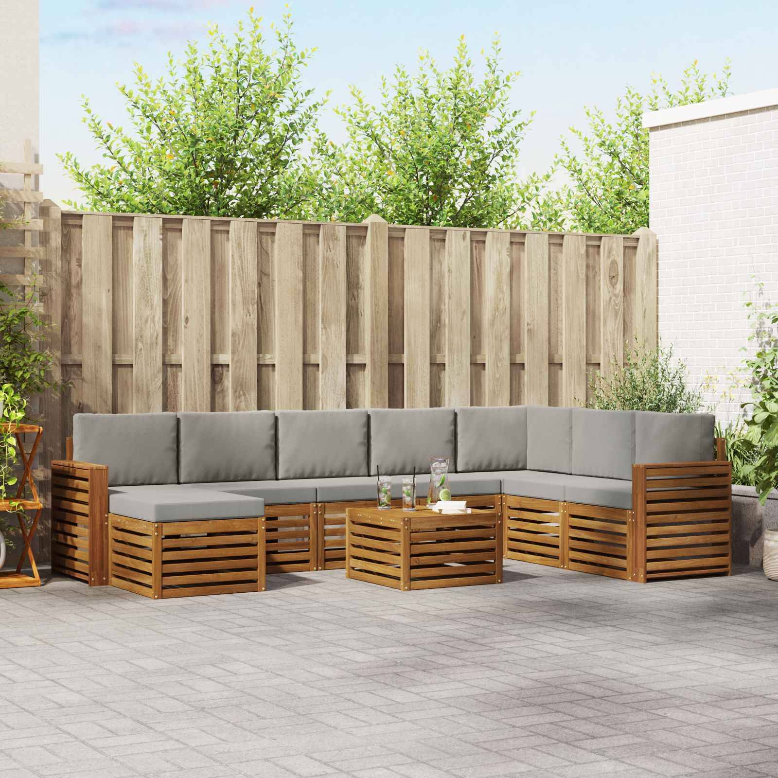 vidaXL Ecksofa Set 9 pcs Natürlich und Hellgrau Massivholz Akazie