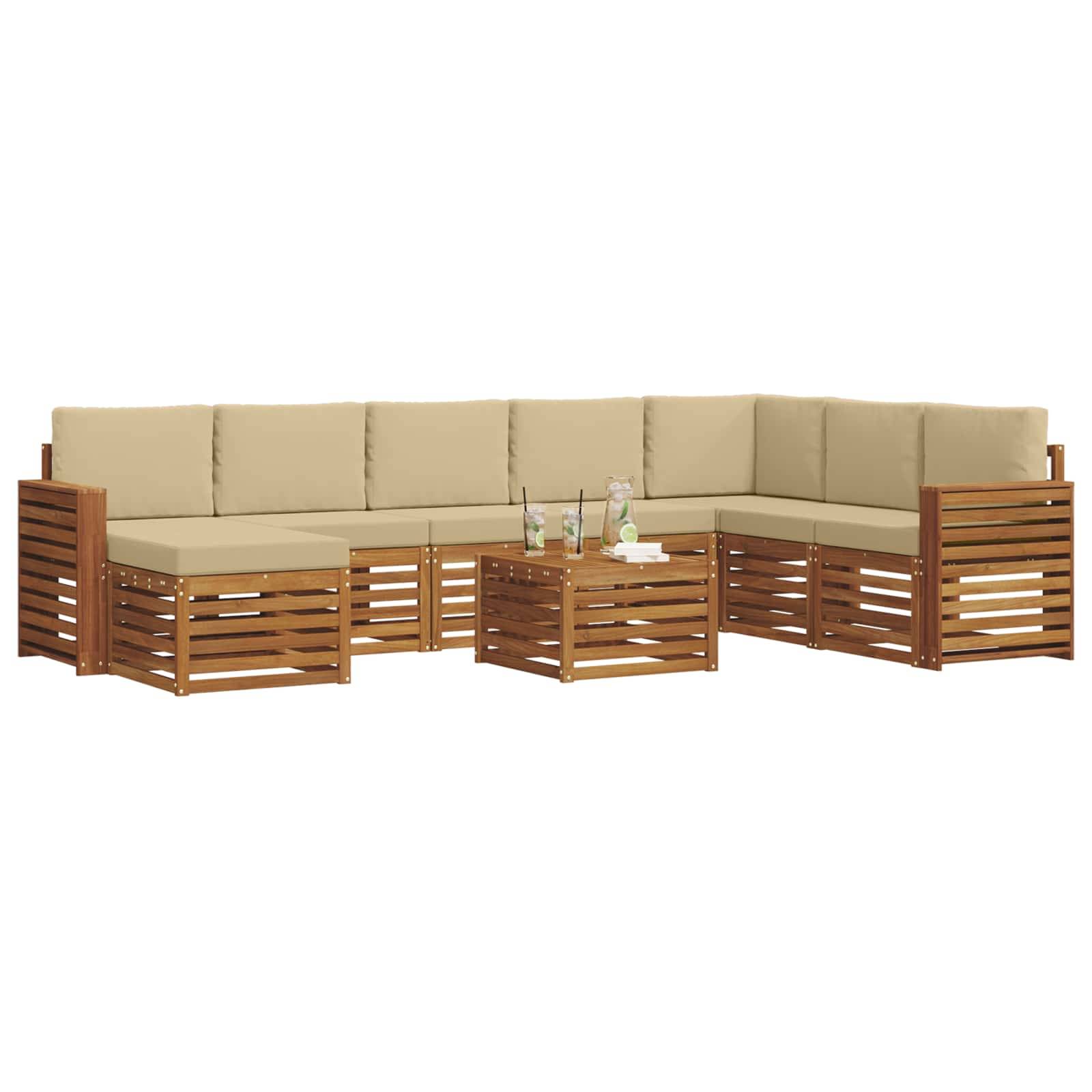 vidaXL Ecksofa Set mit Kissen 9 pcs Natur und Beige Massivholz Akazie