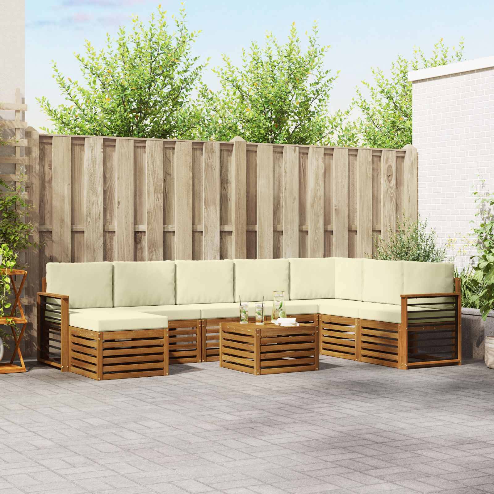 vidaXL Ecksofa Set mit Kissen 9 pcs Natur und Creme Massivholz Akazie