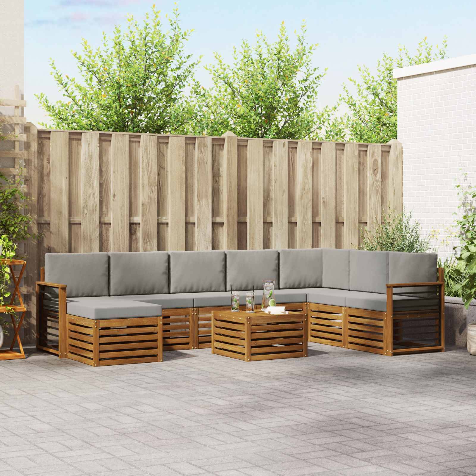 vidaXL Ecksofa Set 9 pcs Natürlich und Hellgrau Massivholz Akazie