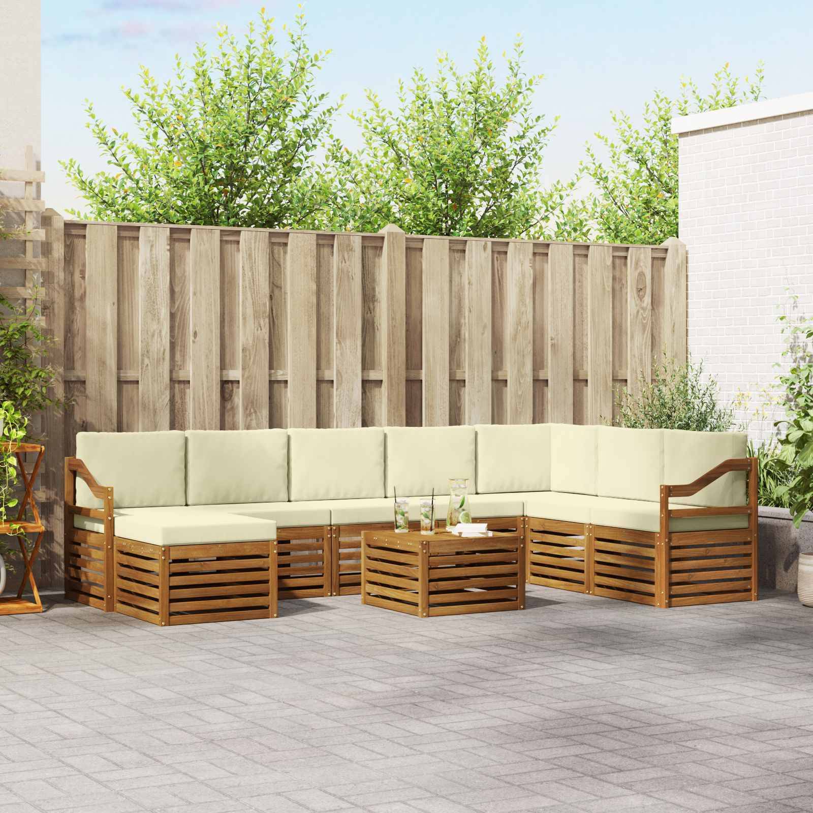 vidaXL Ecksofa Set mit Kissen 9 pcs Natur und Creme Massivholz Akazie