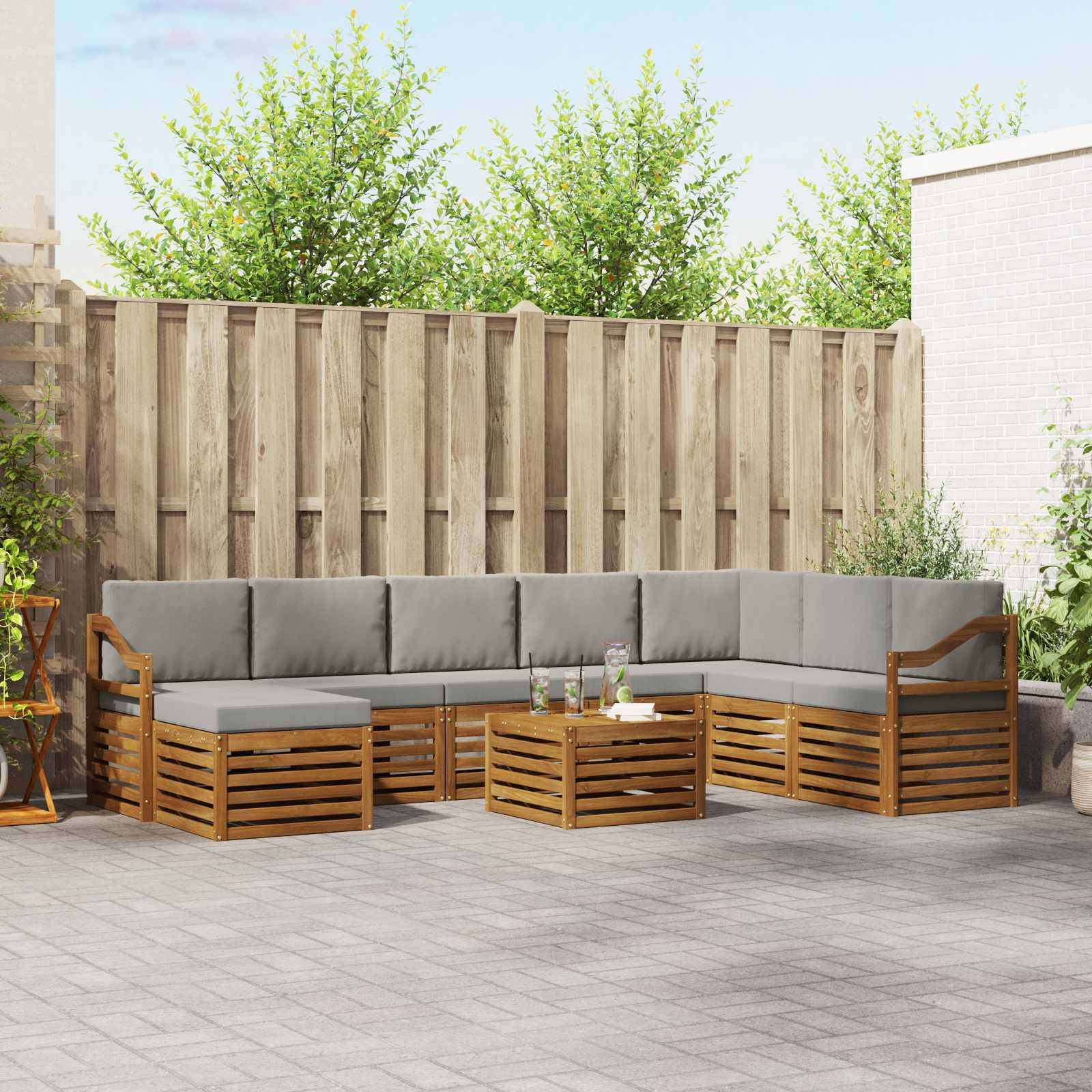 vidaXL Ecksofa Set 9 pcs Natürlich und Hellgrau Massivholz Akazie