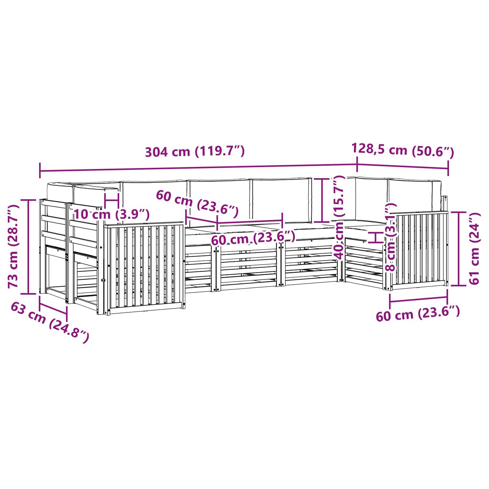 vidaXL Outdoor-Sofagarnitur 7 pcs Weiß und Creme 304 x 128,5 x 73 cm