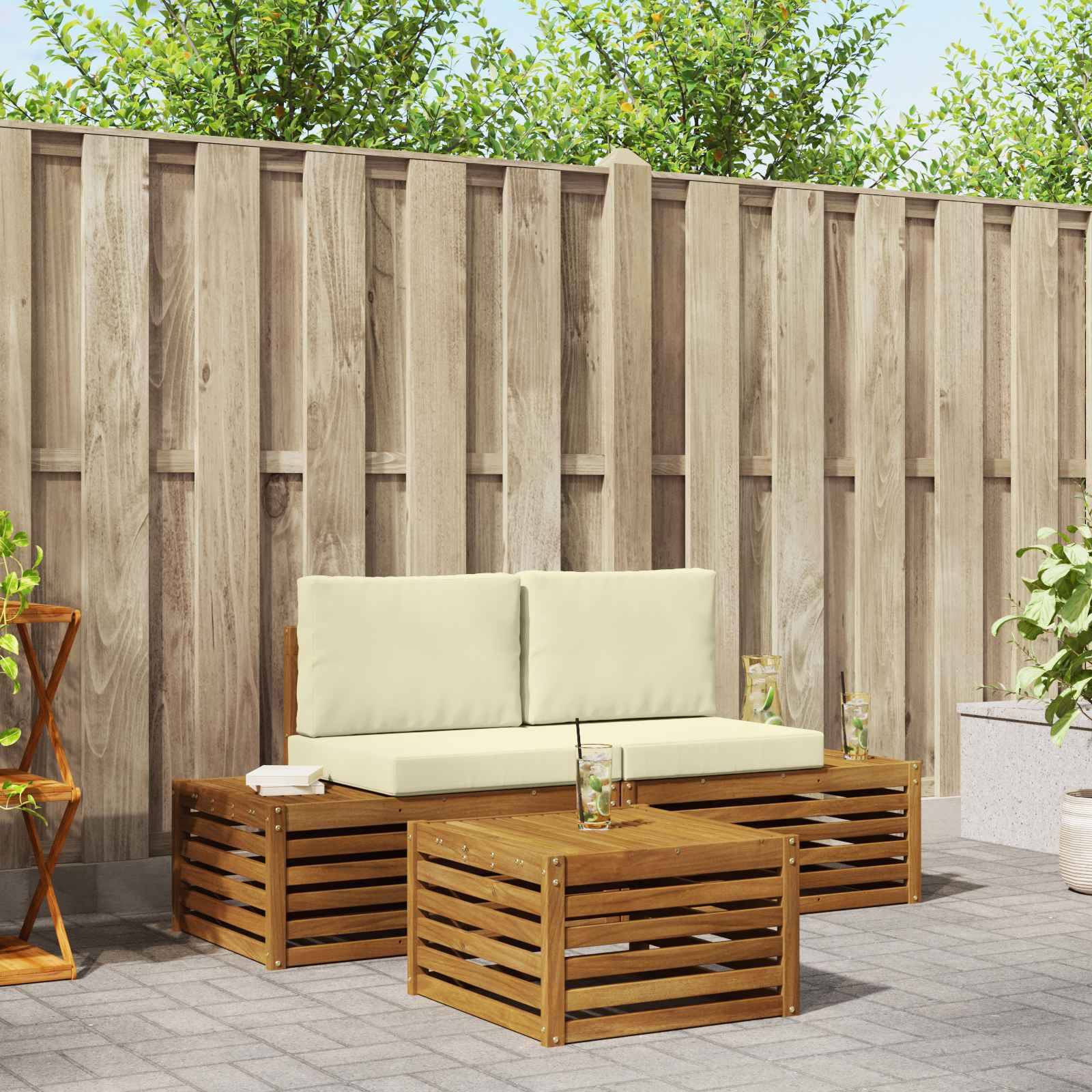 vidaXL Outdoor-Sofagarnitur mit Kissen 3 Stück Natur und Creme