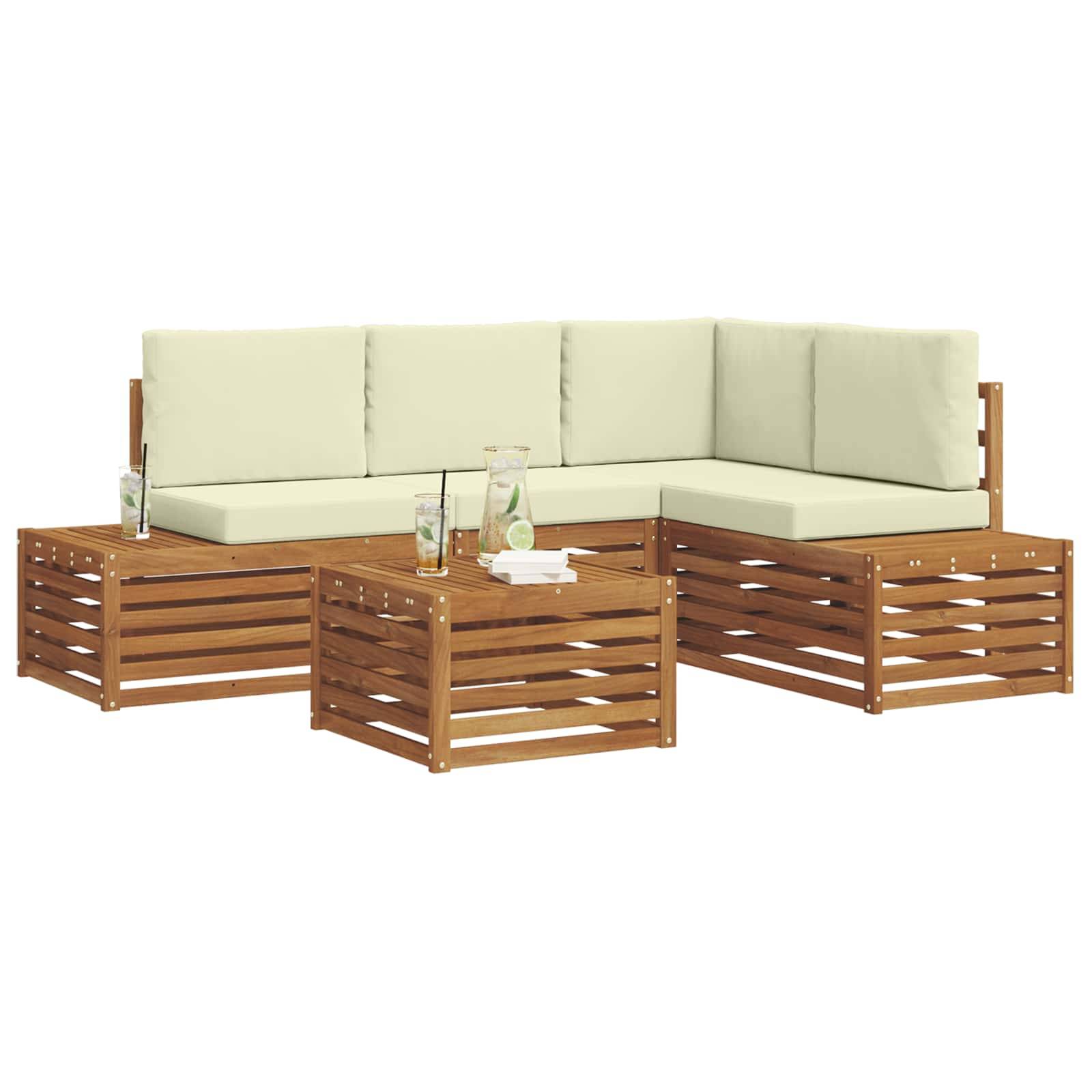 vidaXL Outdoor-Sofagarnitur mit Kissen 5 Stück Natur und Creme