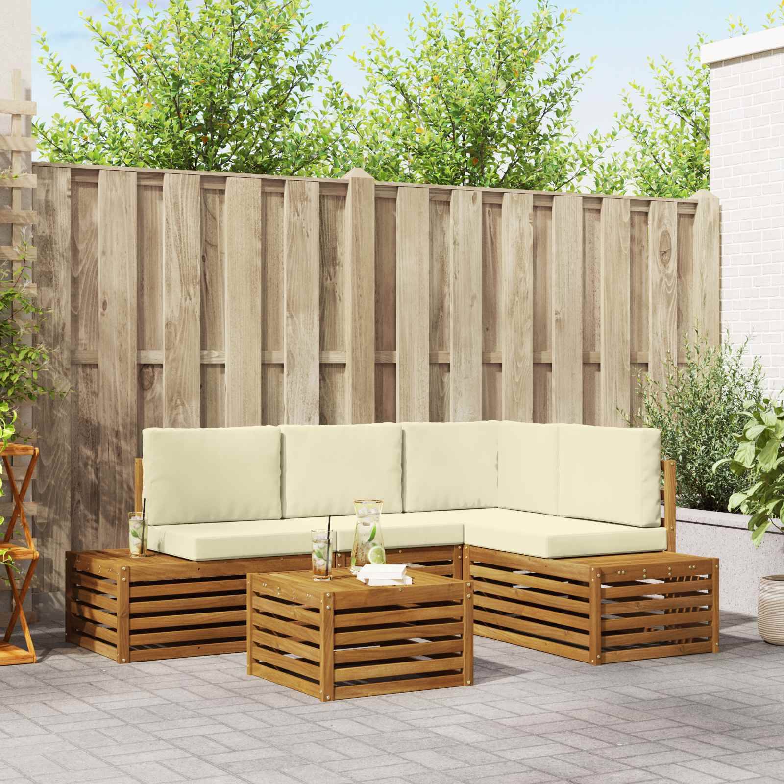 vidaXL Outdoor-Sofagarnitur mit Kissen 5 Stück Natur und Creme