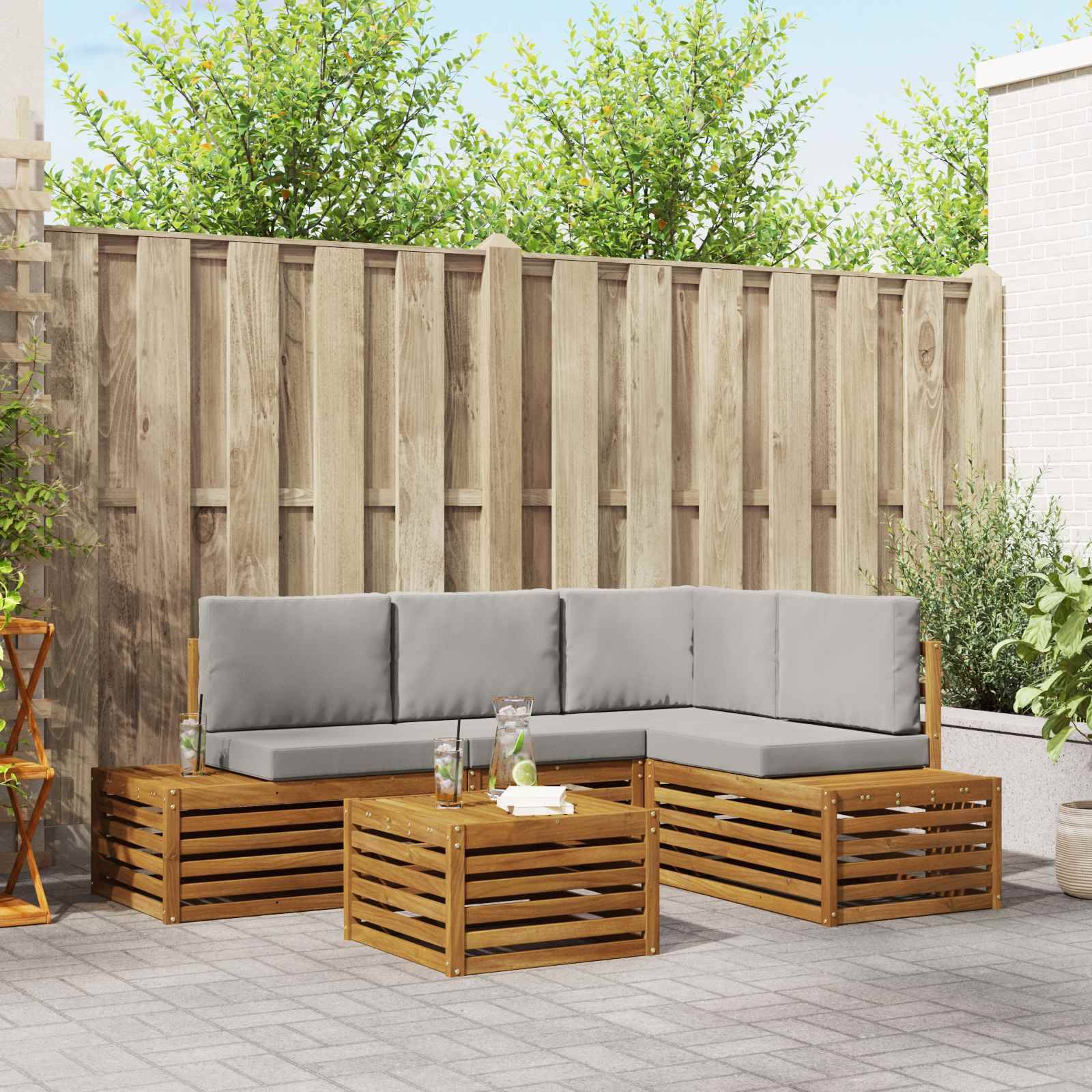 vidaXL Outdoor-Sofagarnitur mit Kissen 5 Stück Natürlich und Hellgrau