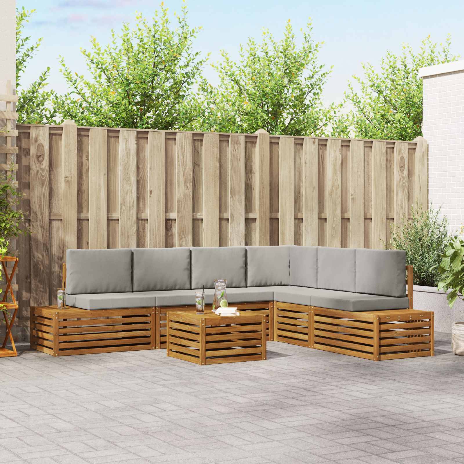 vidaXL Outdoor-Sofagarnitur mit Kissen 7 Stück Natürlich und Hellgrau