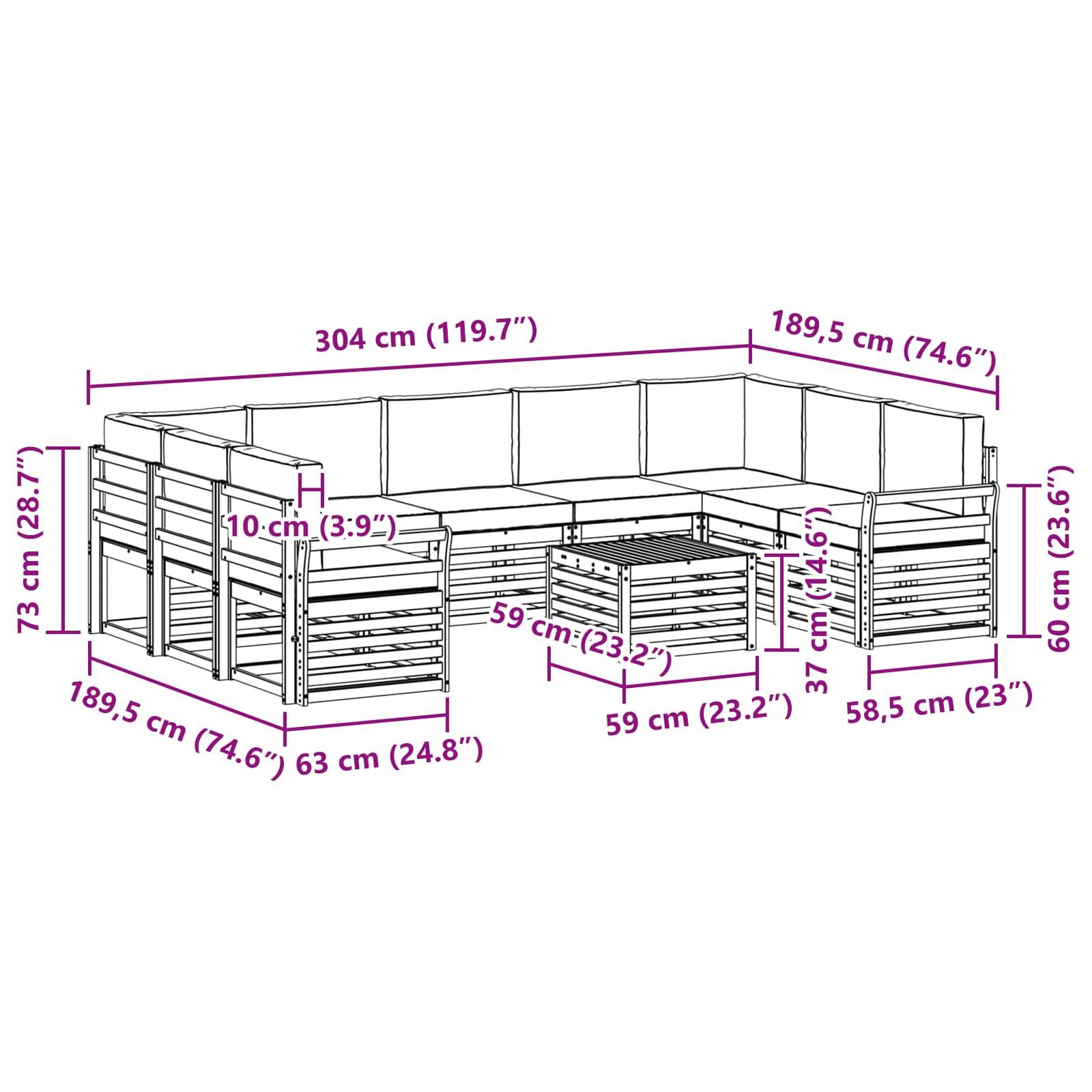 vidaXL Outdoor-Sofagarnitur 10 pcs Weiß und Hellgrau 59 x 59 x 37 cm