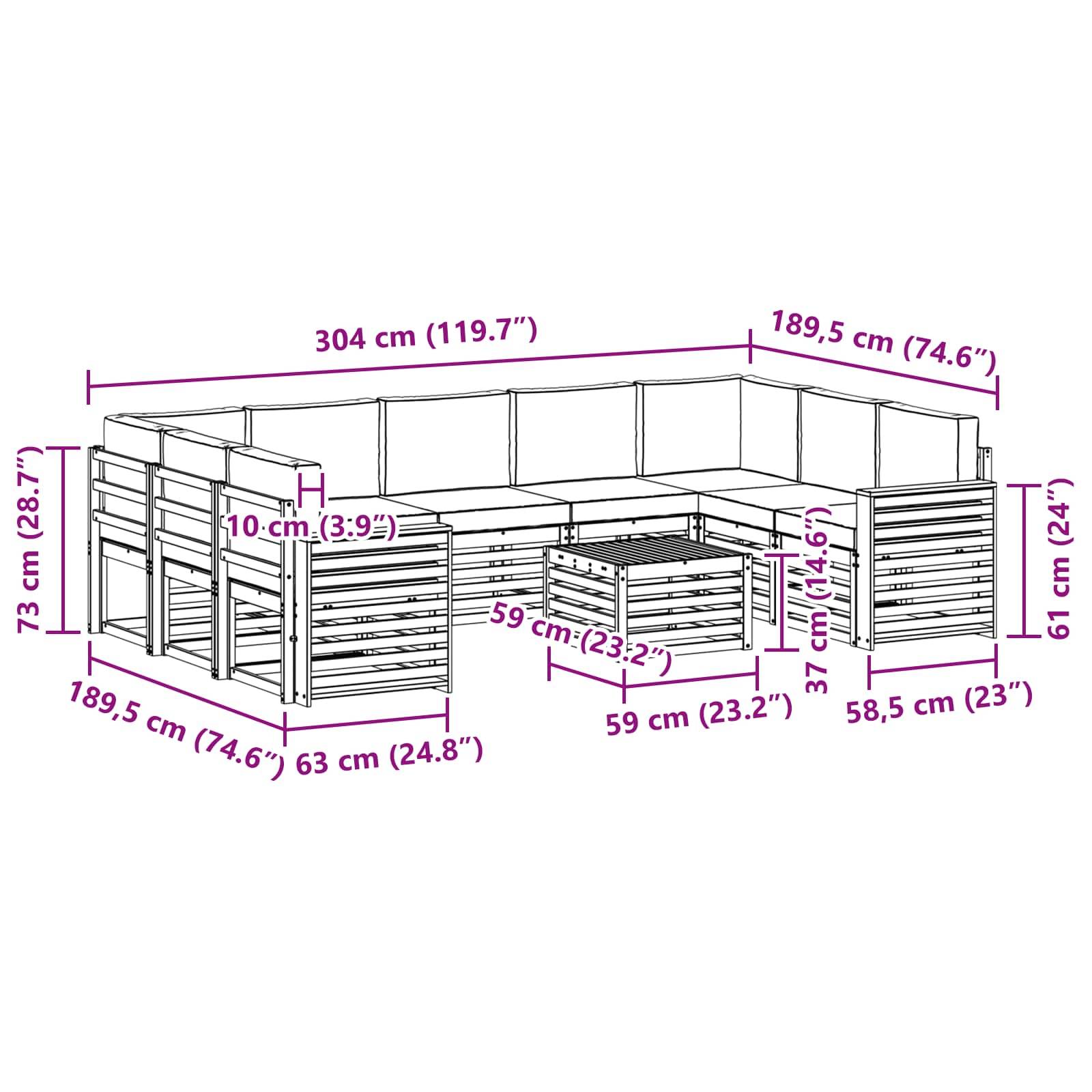vidaXL Outdoor-Sofagarnitur 10 pcs Weiß und Creme 59 x 59 x 37 cm