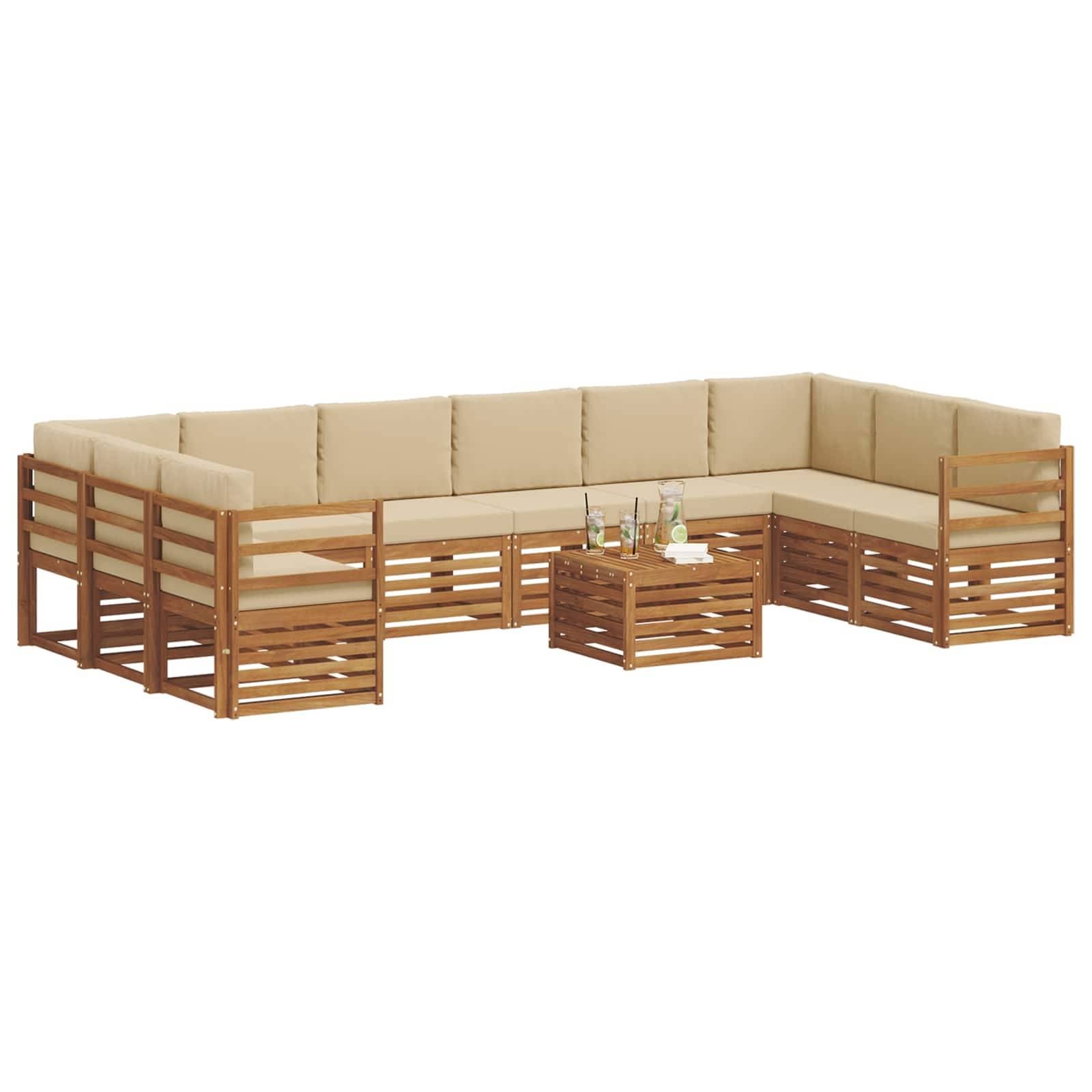 vidaXL Ecksofa Set mit Kissen 11 pcs Natur und Beige Massivholz Akazie