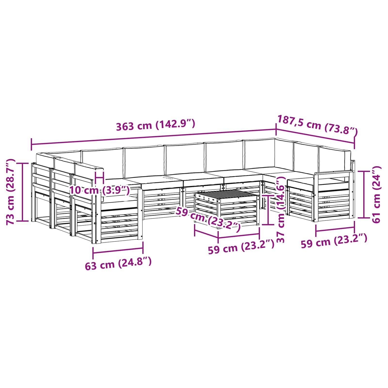 vidaXL Ecksofa Set mit Kissen 11 pcs Natur und Creme Massivholz Akazie
