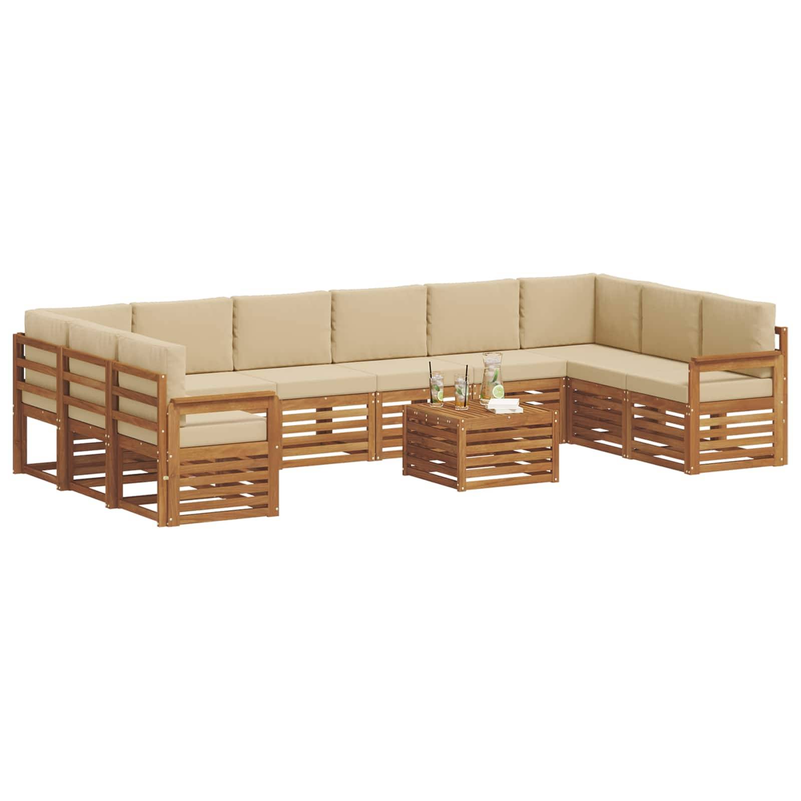 vidaXL Ecksofa Set mit Kissen 11 pcs Natur und Beige Massivholz Akazie