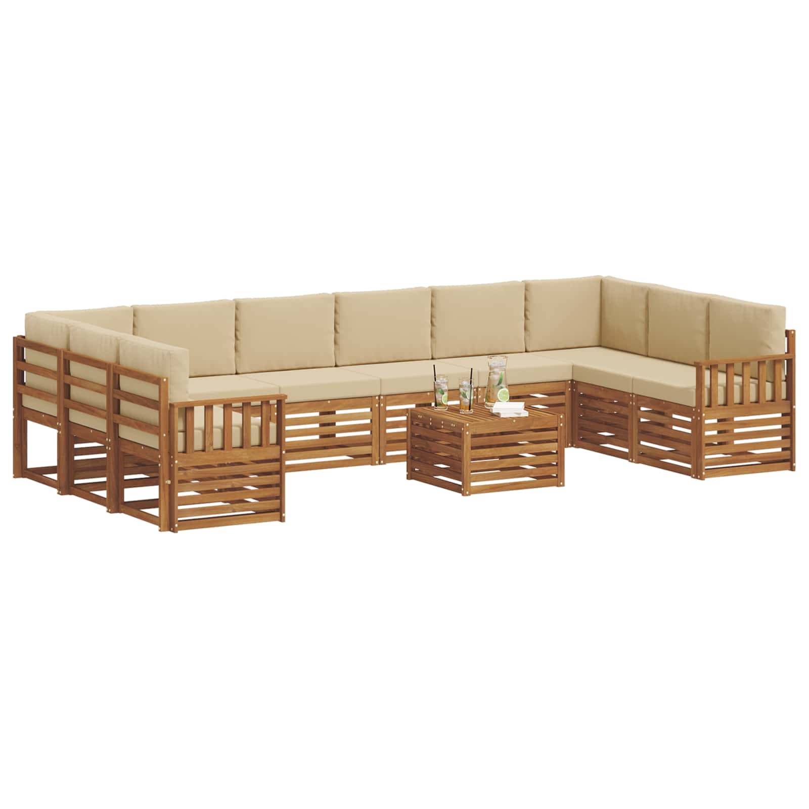 vidaXL Ecksofa Set mit Kissen 11 pcs Natur und Beige Massivholz Akazie