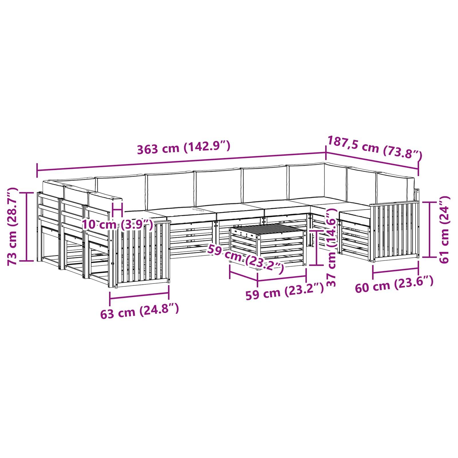vidaXL Outdoor-Sofagarnitur 11 pcs Weiß und Creme 59 x 59 x 37 cm