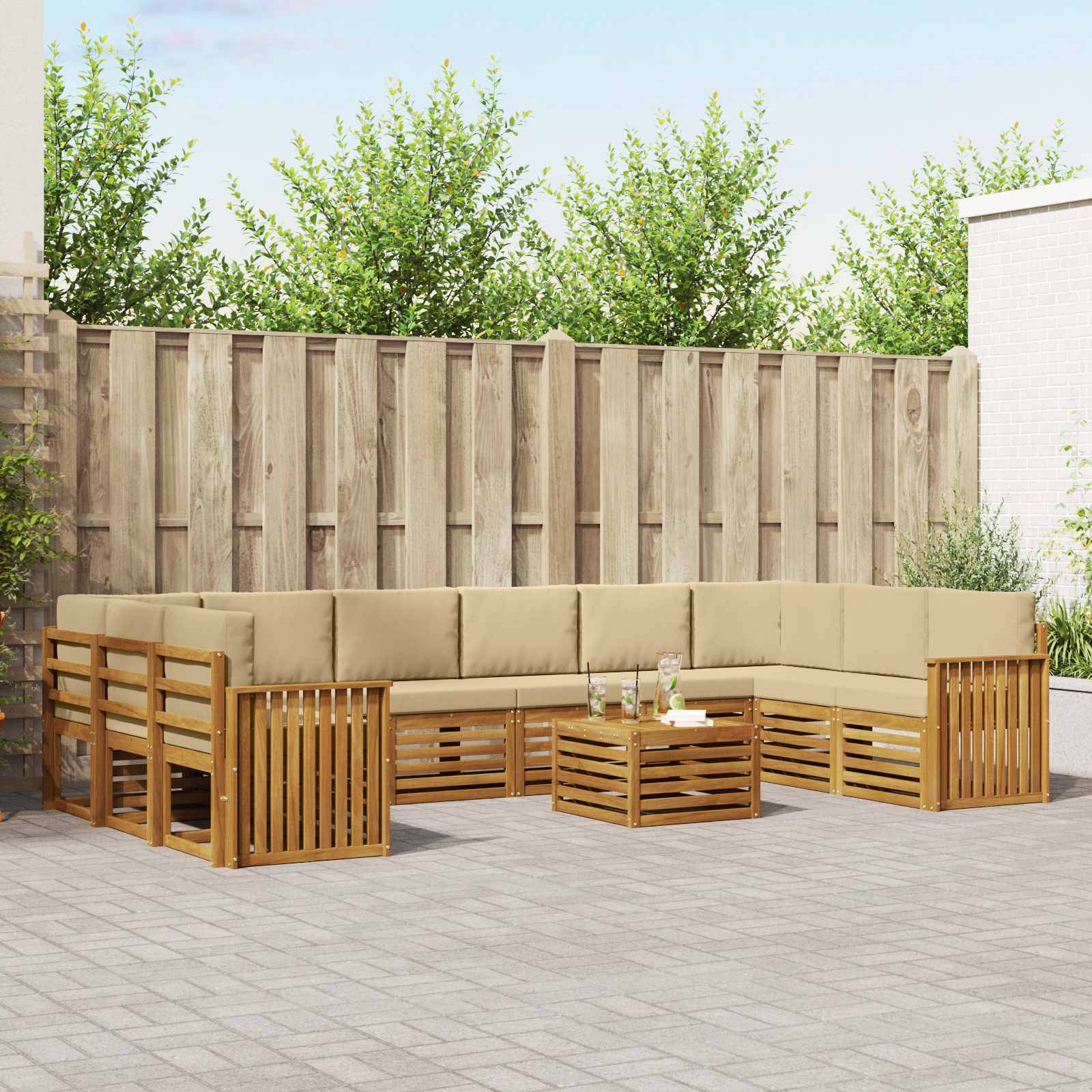 vidaXL Ecksofa Set mit Kissen 11 pcs Natur und Beige Massivholz Akazie