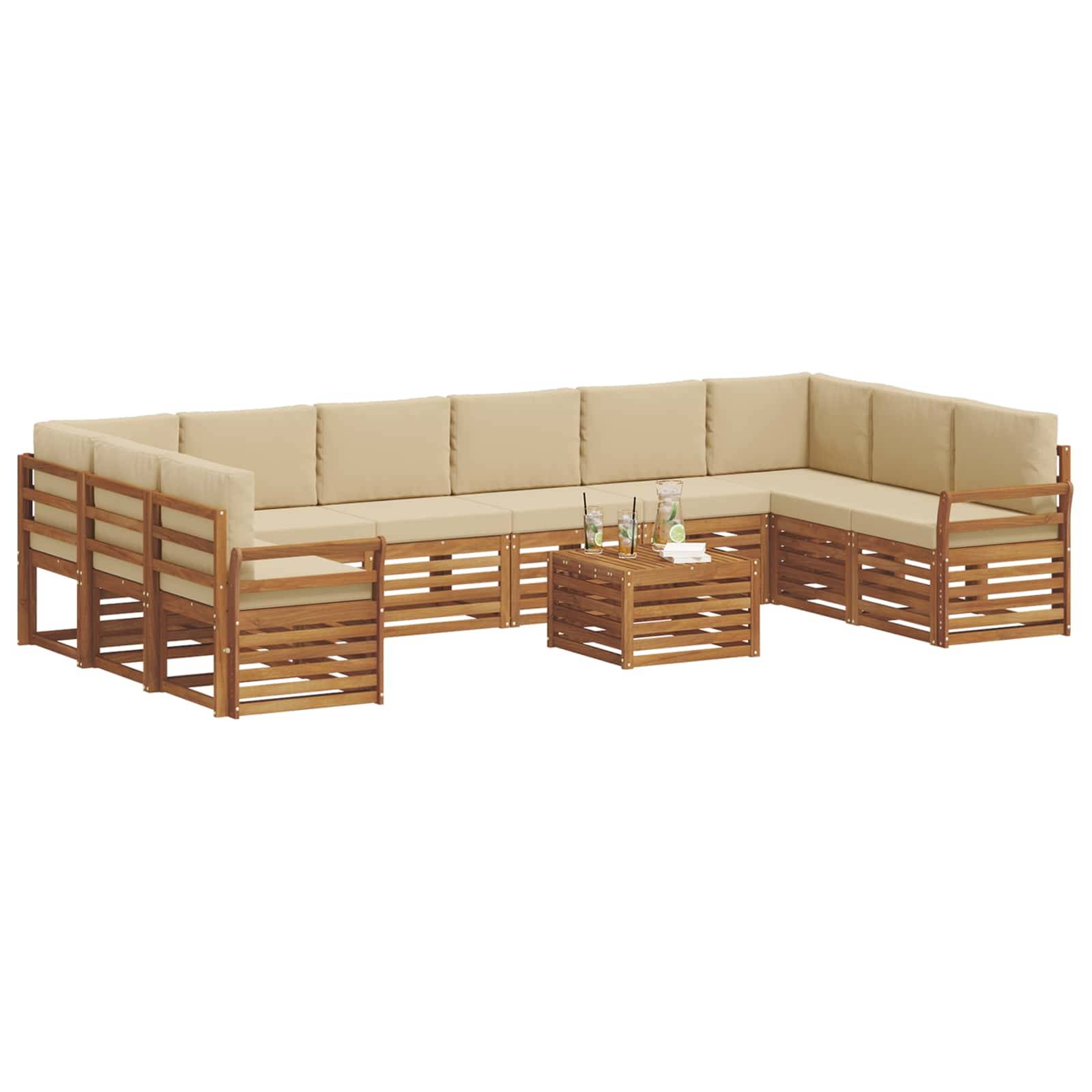 vidaXL Ecksofa Set mit Kissen 11 pcs Natur und Beige Massivholz Akazie