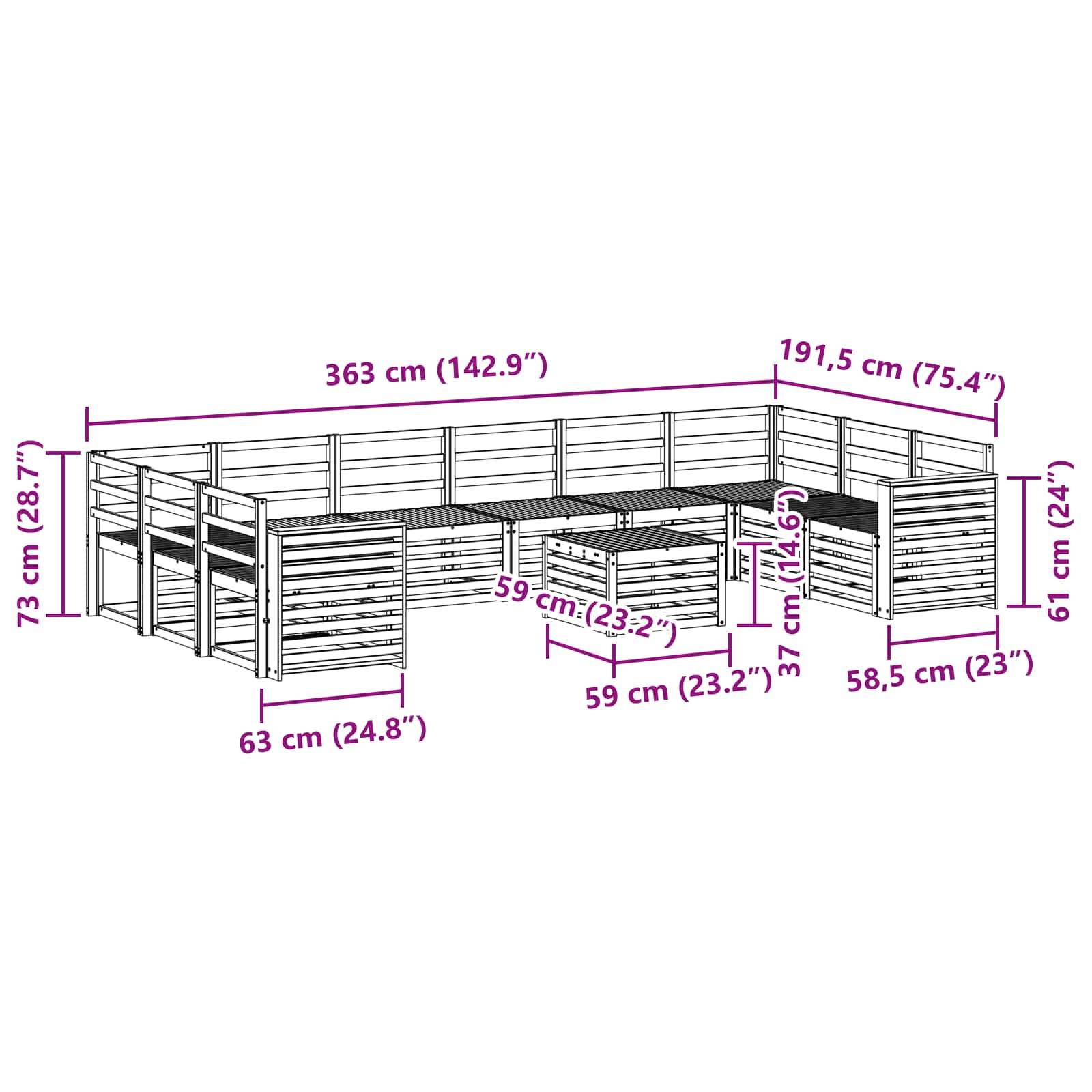 vidaXL Outdoor-Sofagarnitur 11 pcs Weiß 59 x 59 x 37 cm