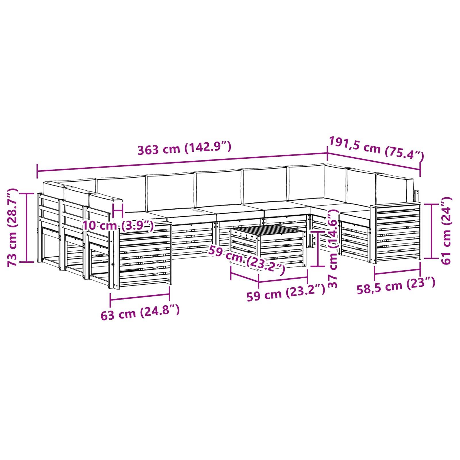 vidaXL Outdoor-Sofagarnitur 11 pcs Weiß und Creme 59 x 59 x 37 cm