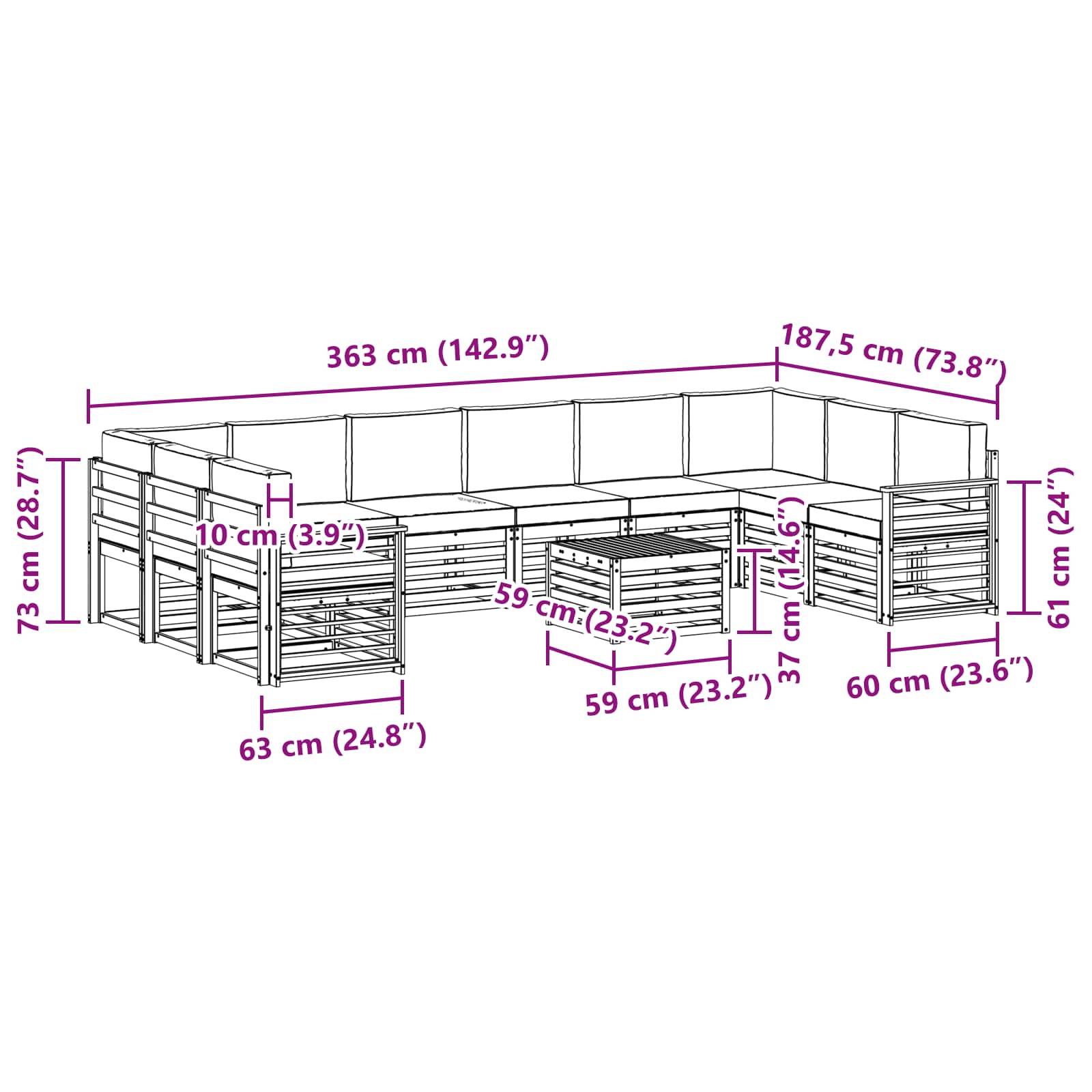 vidaXL Ecksofa Set 11 pcs Natürlich und Hellgrau Massivholz Akazie