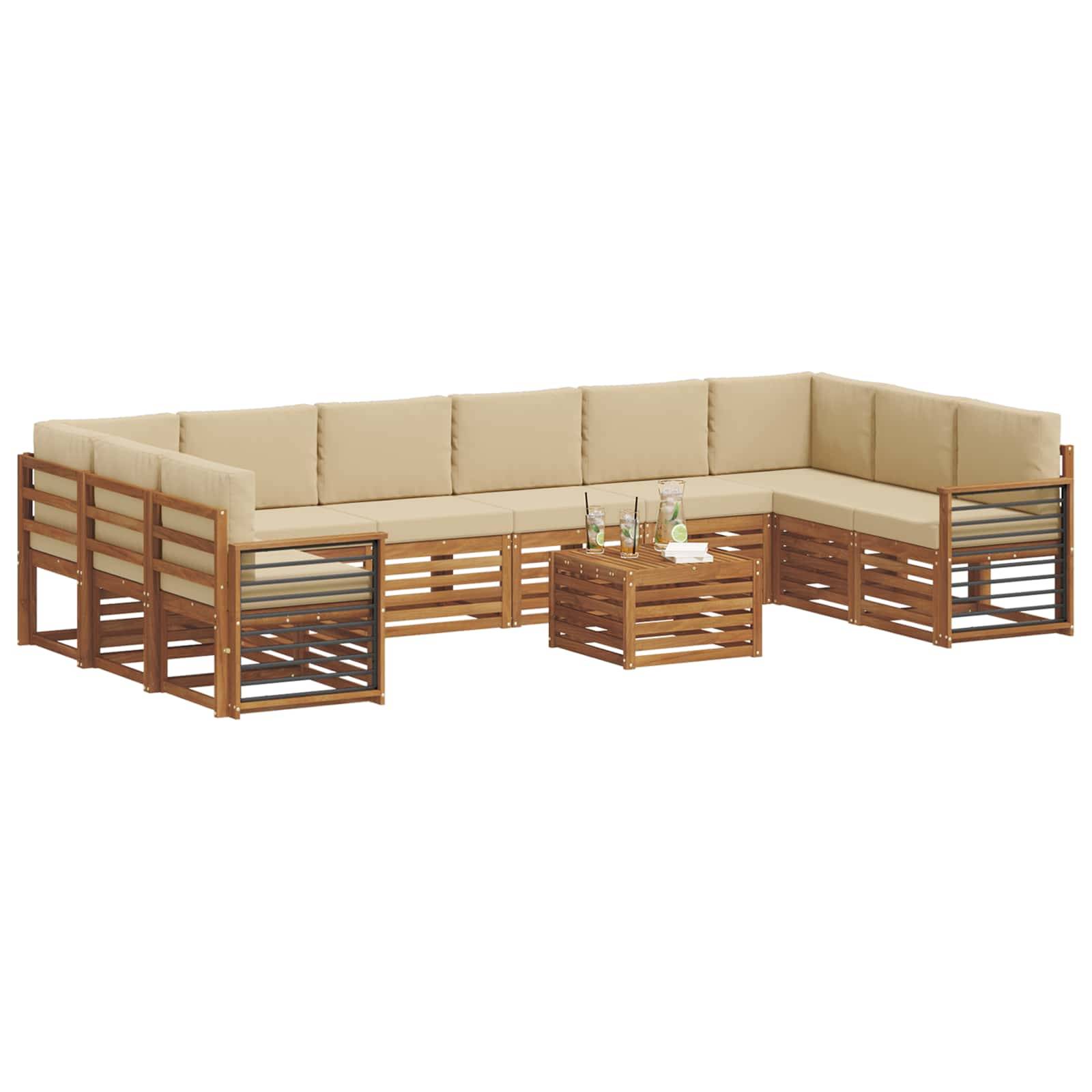 vidaXL Ecksofa Set mit Kissen 11 pcs Natur und Beige Massivholz Akazie